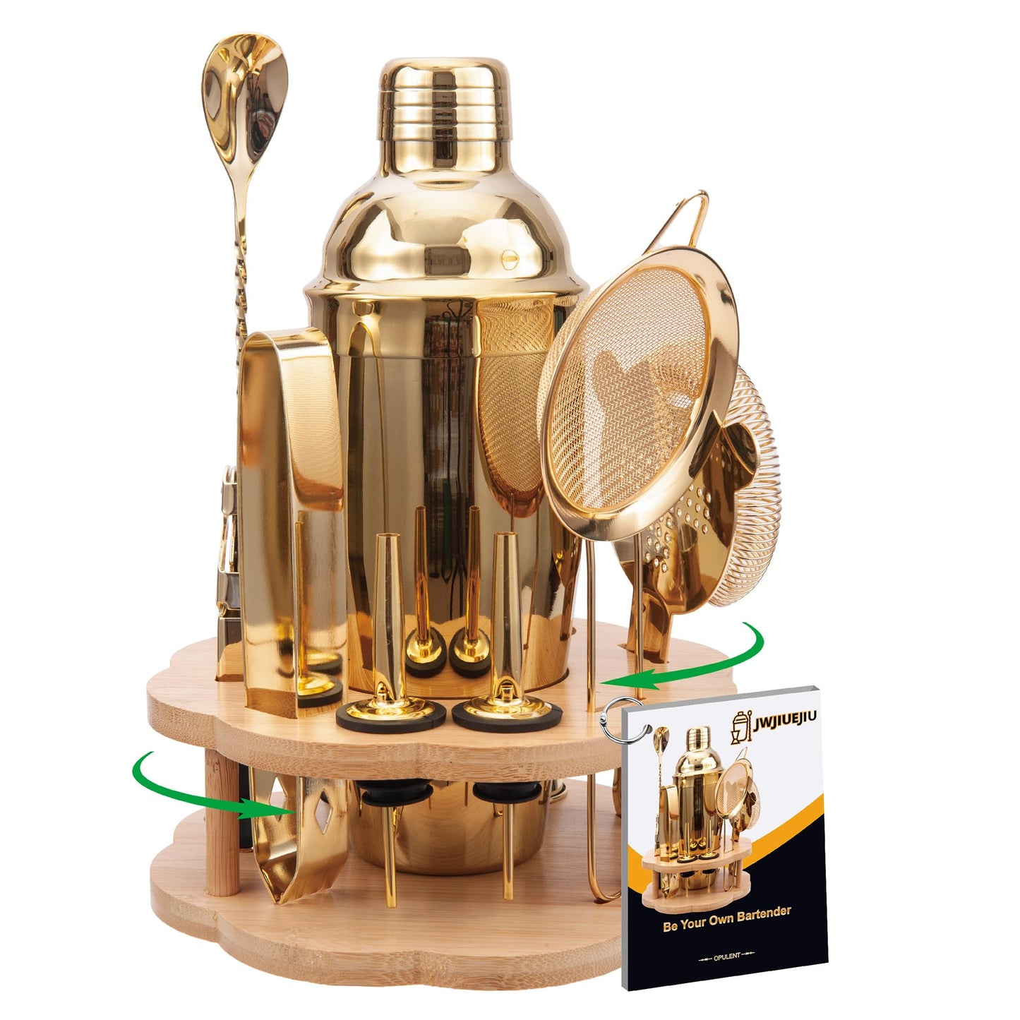 JWJIUEJIU Cocktail Shaker Set Bartender Kit with Rotatble Bamboo Stand,11 Piece Bar Set Stainless Steel Bar Accessories for Drink Mixing, Bar, Home, Party (Gold)
