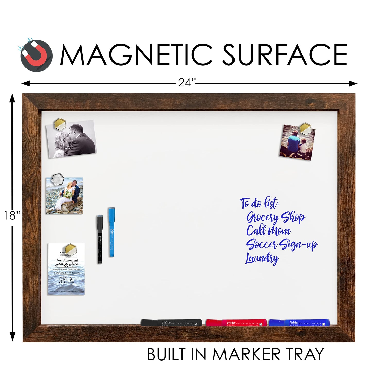 Loddie Doddie Magnetic Dry Erase Board for Wall - 18 x 24 in, Rustic Frame - Easy-Clean Whiteboard Surface - Built-in Marker Tray & Whiteboard Accessories - Magnet Board for Notes & Photos