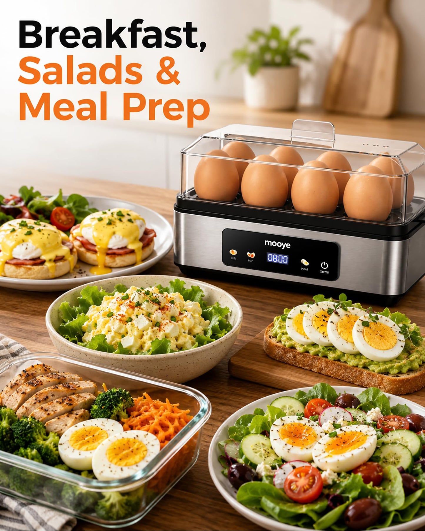 Mooye Rapid Egg Cooker for Hard Boiled Eggs, Electric Egg Steamer 3 IN 1 Soft Medium Hard Boiled, Egg Maker with Auto Shut-Off, Egg Boiler for Kitchen Breakfast & Fitness, BPA-Free, Holds 8 Eggs