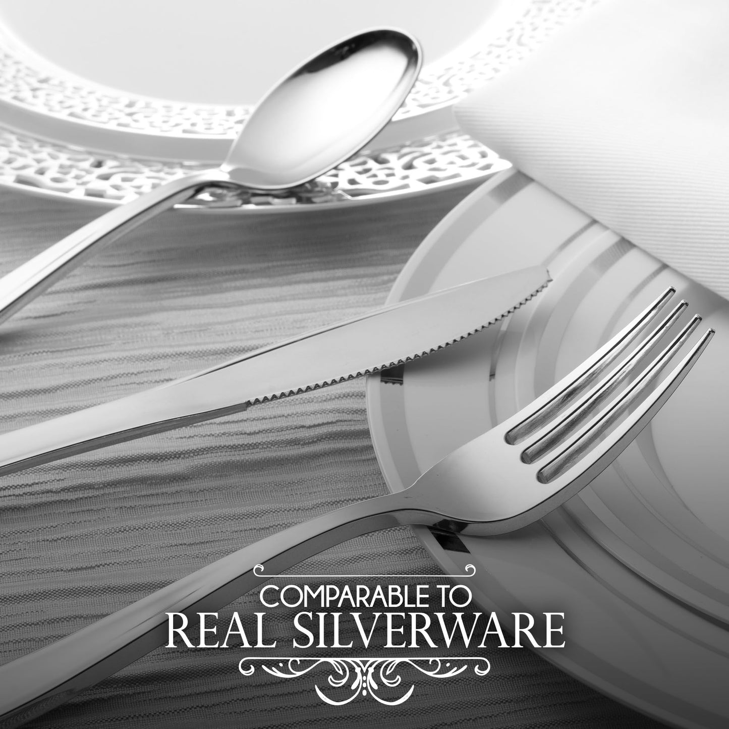 100 Pack Pre Rolled Silver Plastic Cutlery Set, Individually Wrapped Plastic Silverware Set with 100 Forks, 100 Knives, 100 Spoons, 100 Napkins, Disposable Utensils for Party and Wedding