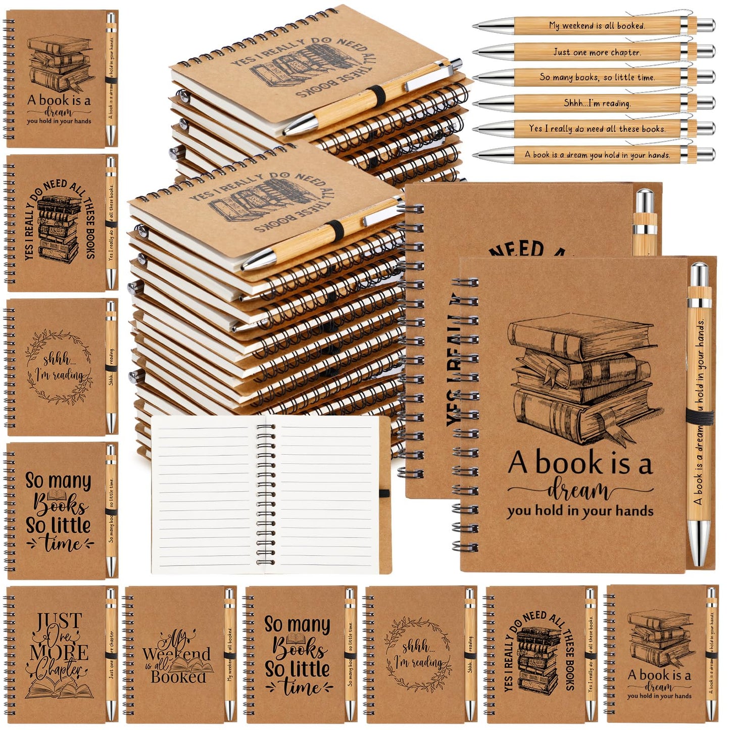 Thenshop 30 Sets Book Lover Gift Include Librarian Inspirational Spiral Notebook Pen Bulk Book Club Gift Reading Journal Librarian Gifts for Women Reader Teacher Bookish bookworm (Brown)