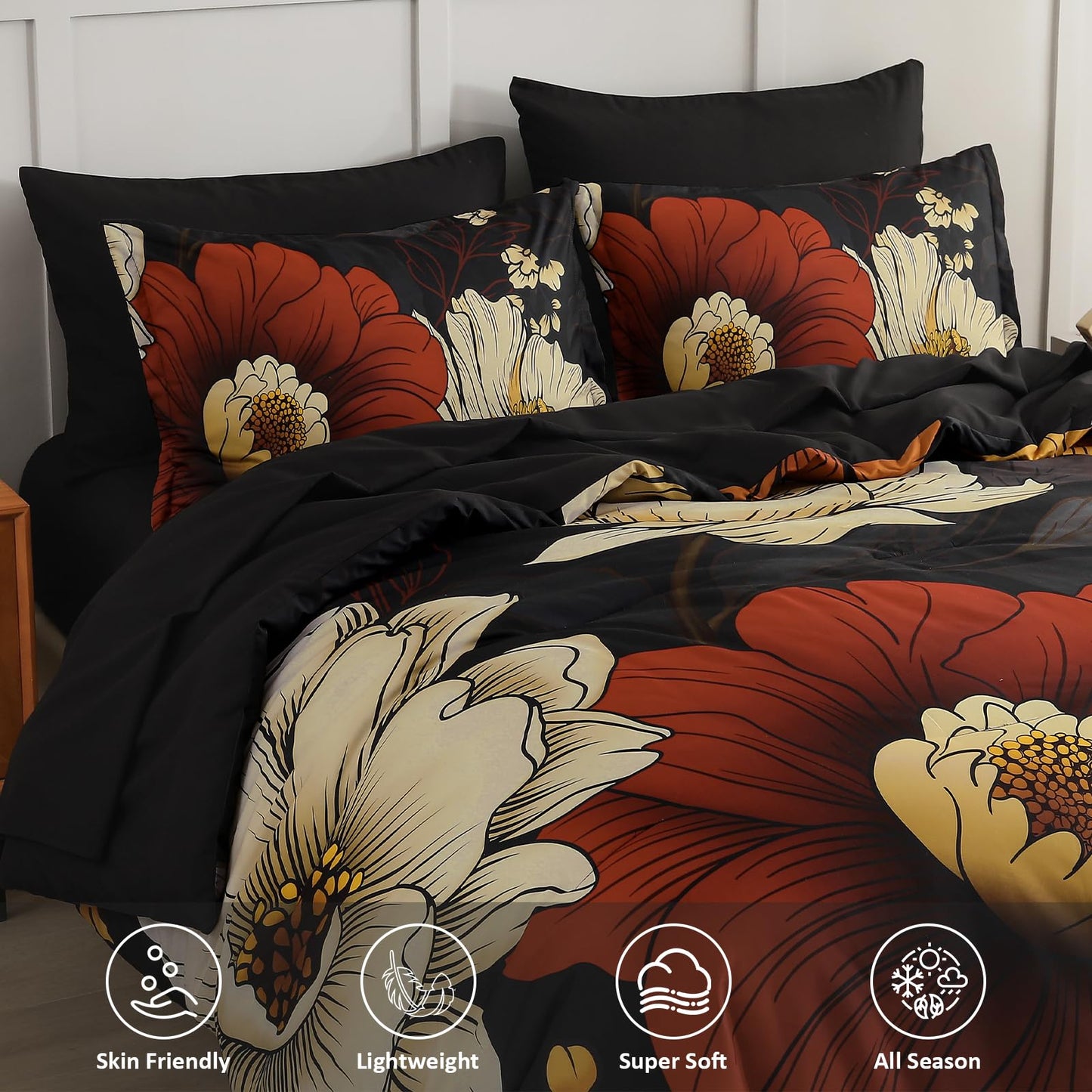 Xruibed Black Floral Comforter Set Queen Size 7 Pieces Bed in a Bag Flower Bedding Sets Lightweight Boho Bed Set with Sheet,Pillowcases&Shams for All Season