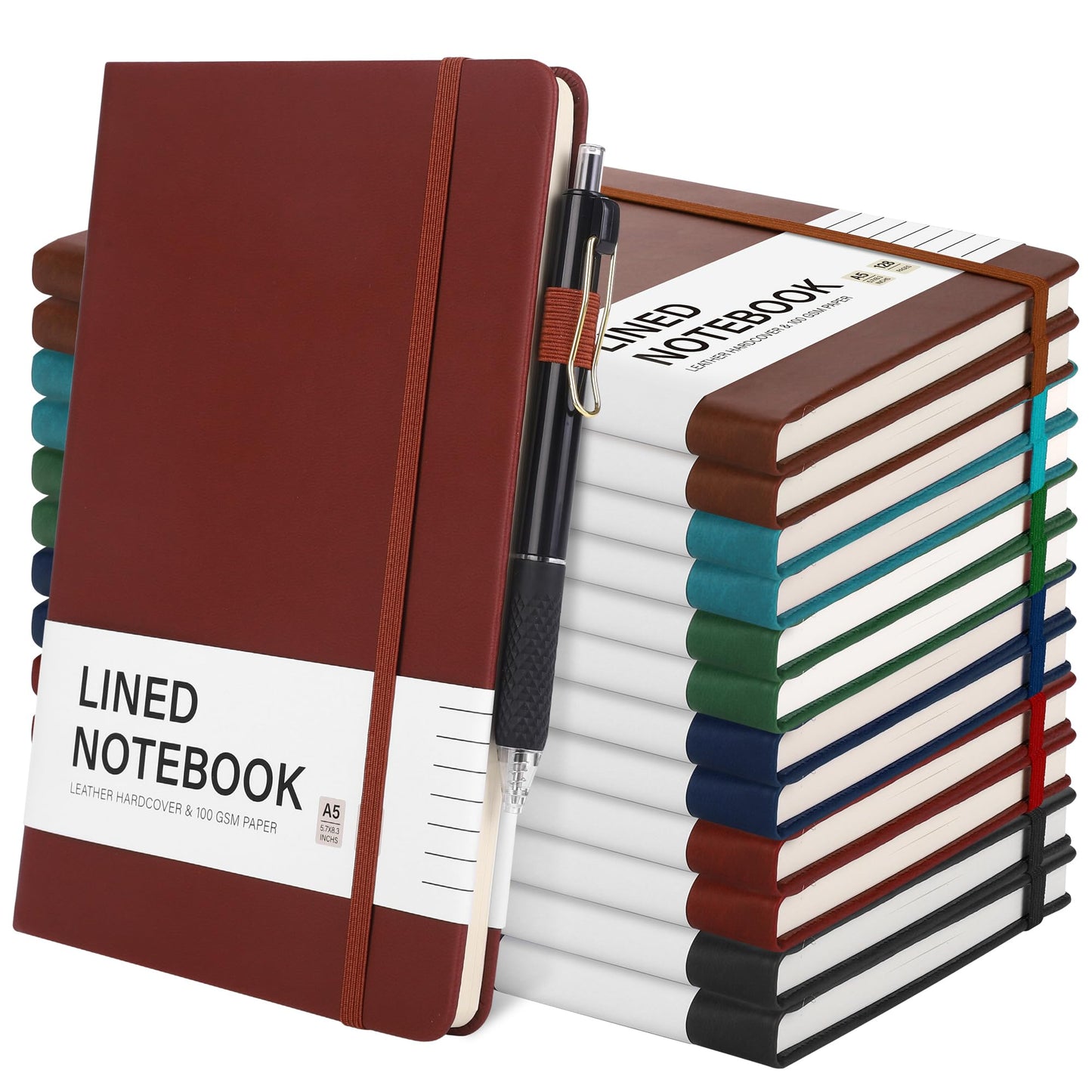 Aodaer 12 Set Lined Notebook Journals with Pens A5 Notebooks 100 GSM College Ruled Hardcover Notebook PU Leather Notepad with Pen Holder for Office School, 5.7 x 8.3 Inches, Deep Multicolor