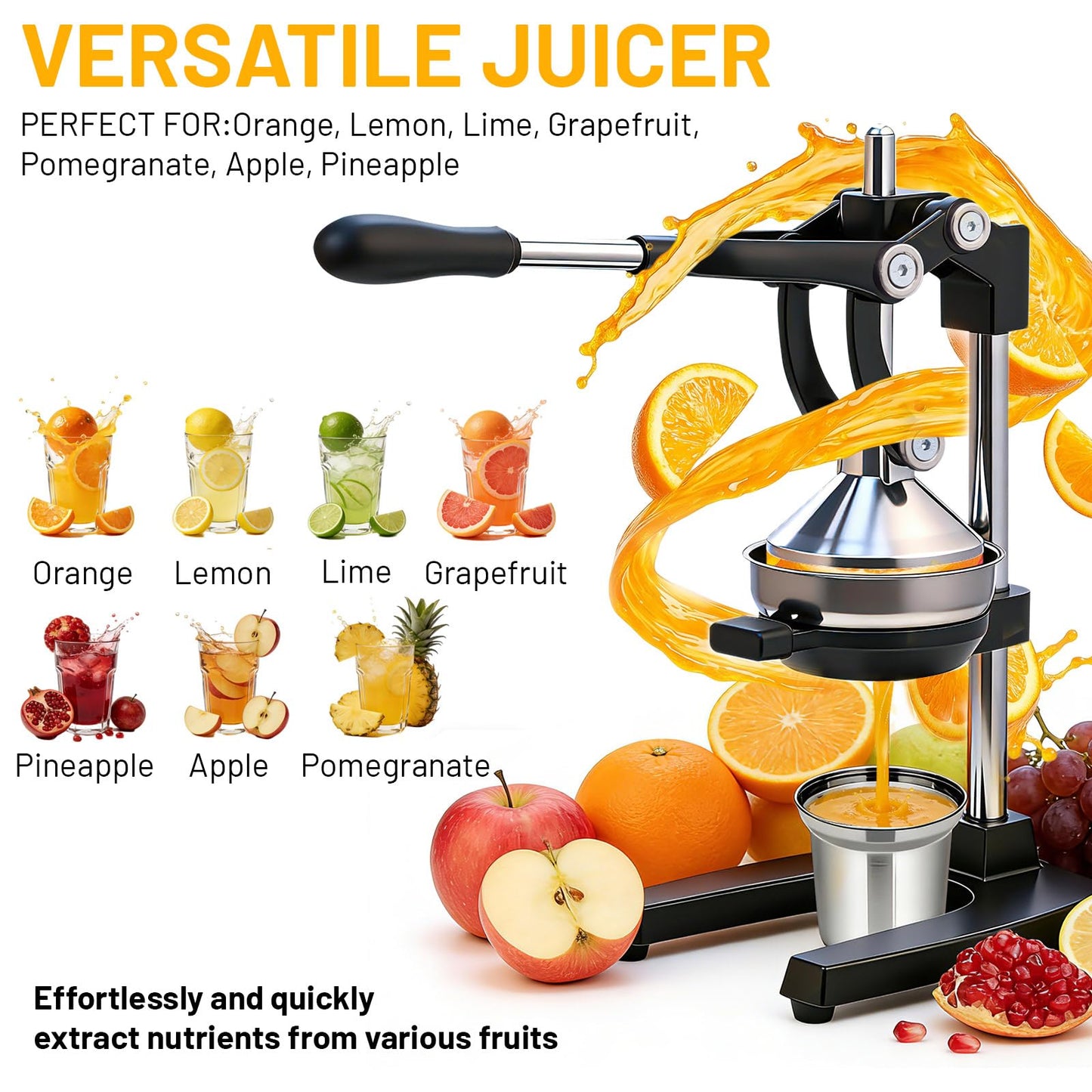 Xiwrdok Cast Iron Juicer Hand Press for Citrus Fruits,Pomegranates,Grapefruits,Heavy-Duty Cast Iron Juicer,Lemon Squeezer Manual,with Stainless Steel Cup,Easy to Use & Clean（Black）