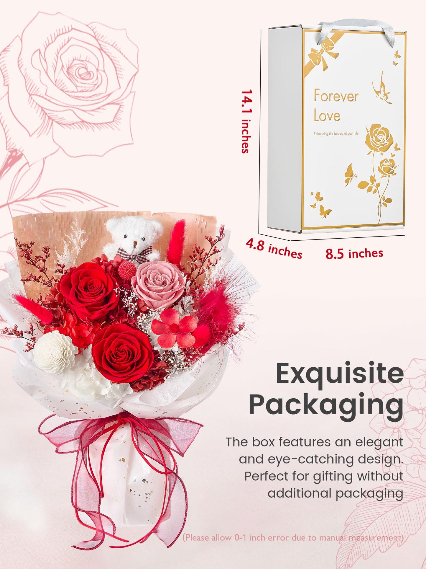 Polylove Forever Flower Bouquet Flowers for Delivery Prime Preserved Roses with Bear Gift Box for Wife Women Mother Day Anniversary Birthday (Red)