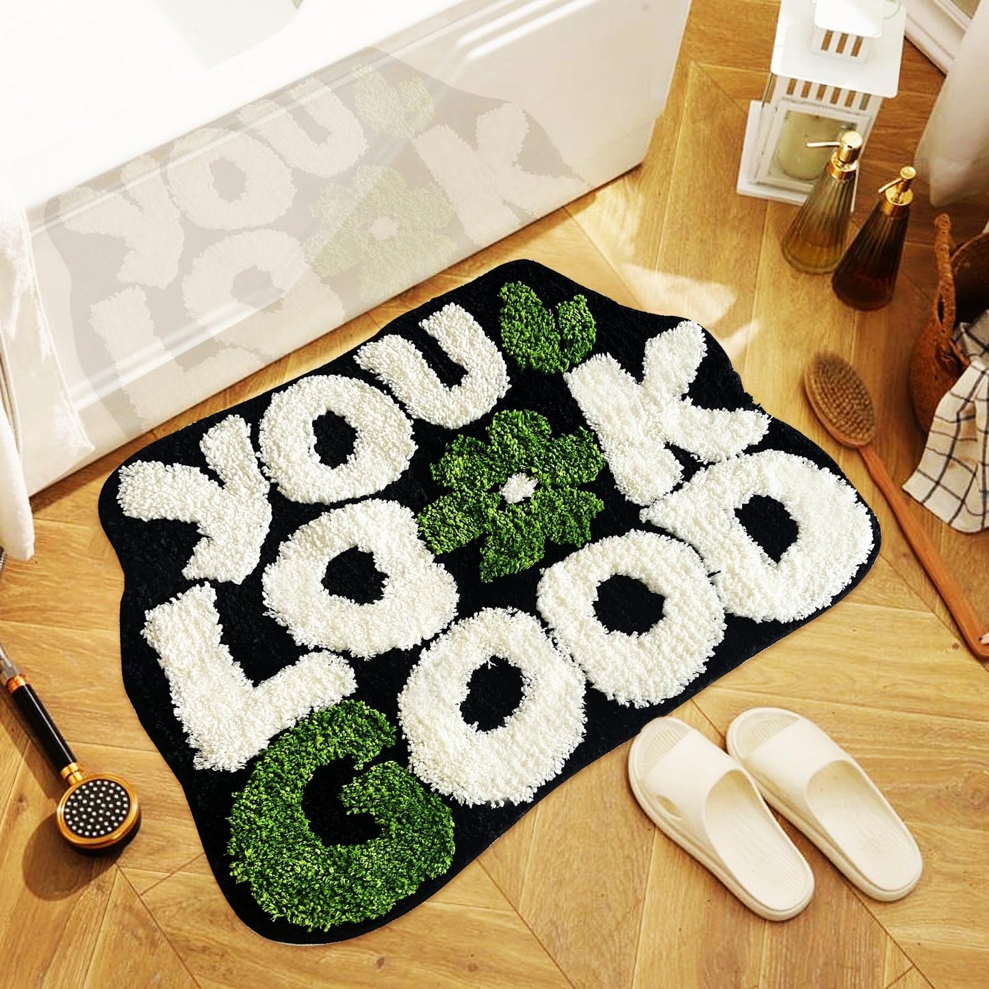 TWWDE AUG You Look Good Bath Rug, Fun Bathroom Rug,Black Bathroom Rugs Cool Rugs for Bedroom Non Slip Microfiber Plush Cool Mat for Bedroom Washable Absorbent for Bathtub 21"x25"