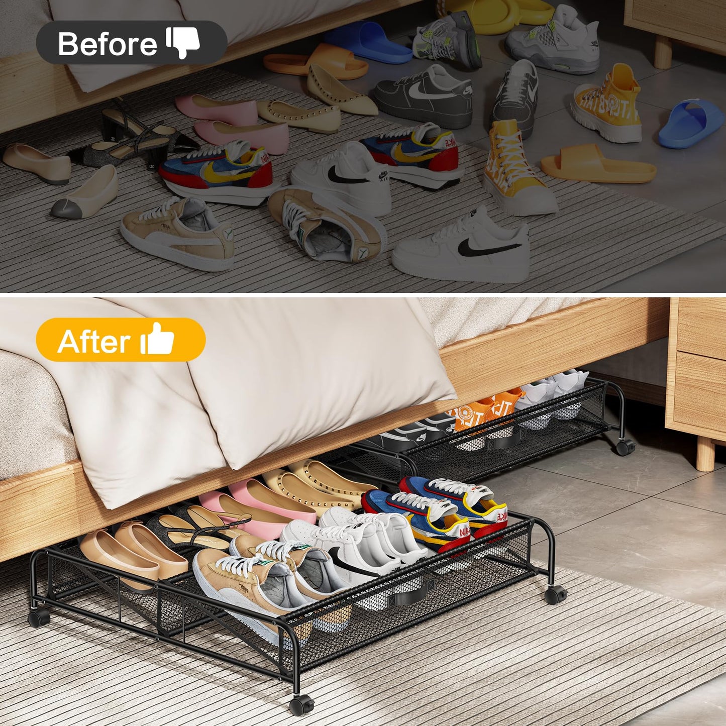 Under Bed Shoe Storage Organizer, 2 Pack Under Bed Storage Containers with Wheels for Under Bed Shoe Organizer Drawer Space Saving for bedroom