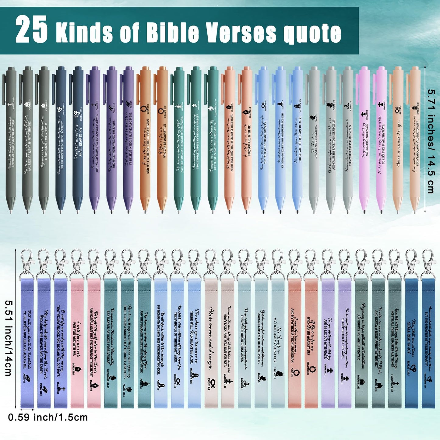 Sinload 50 Set Christian Gift Bulk Bible Emergency Numbers Bookmark with Silicone Keychains Scripture Quote Pen Religious Study Supplies for Father Day Church Bible Study Group (Watercolor)