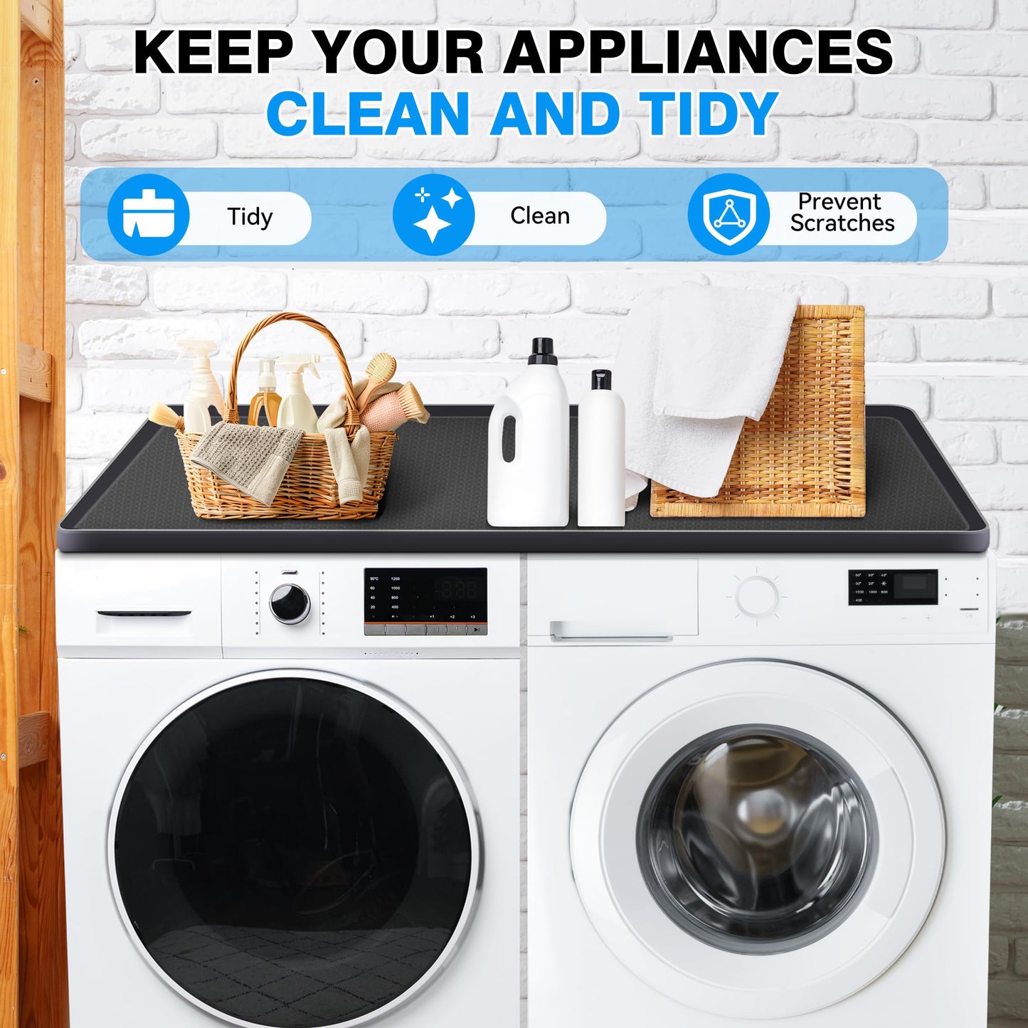 WAUTENANTY 54'' x 27.5'' Washer and Dryer Covers for the Top, Non-slip Silicone Washer Dryer Top Protector for Washing Machine, Waterproof Washer Dryer Countertop for Laundry Kitchen Home (Black)