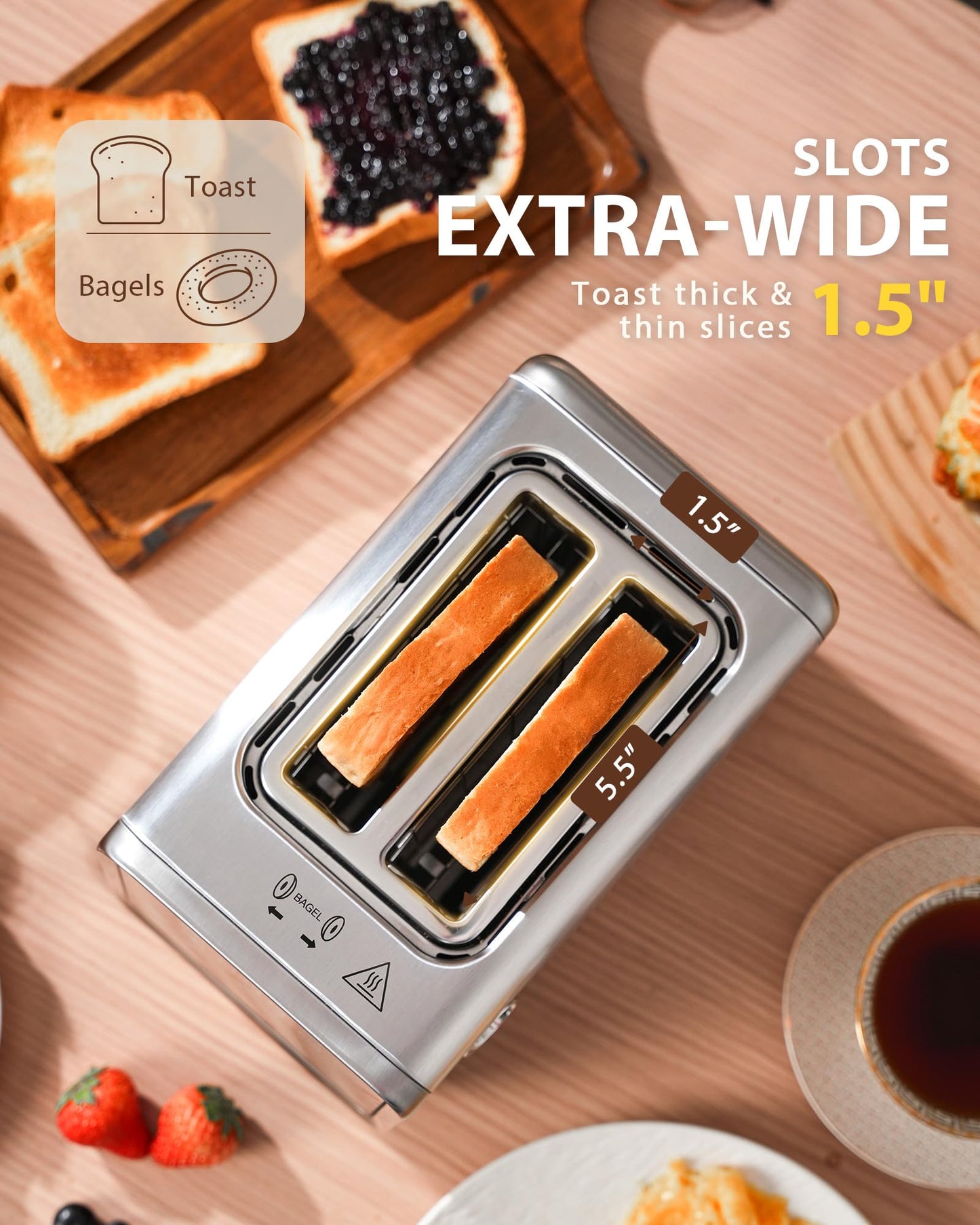 Zachvo 2 Slice Toaster with Smart Touchscreen & Digital Countdown Timer, 1.5" Wide Slot Toaster for Bagels & Bread, 6 Shade Settings, Memory, Defrost & Reheat, Slim Stainless Steel Design for Kitchen