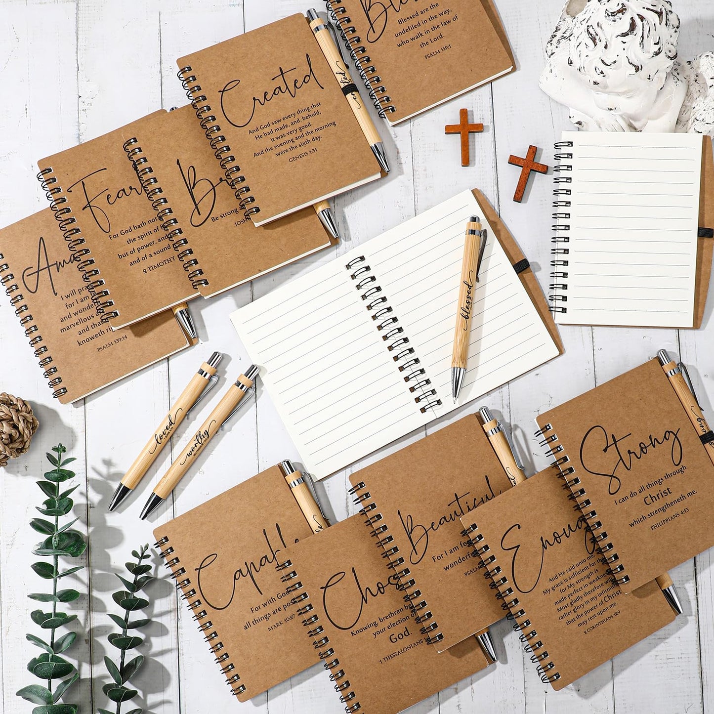 24 Sets Christian Gifts Bulk Fathers Day Inspirational Bible Verse Spiral Notebook Religious Bamboo Ballpoint Pen Journal with Scripture for Church Sunday School Teacher Graduation Pentecost (Brown)