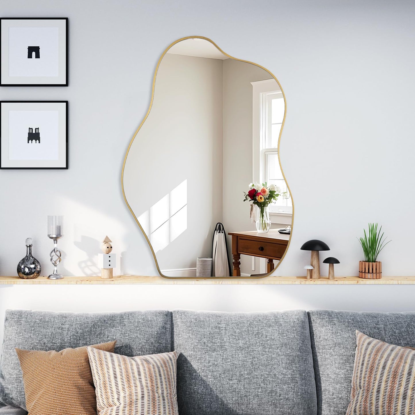 BOMINICA Irregular Wall Mirror Asymmetrical Mirror, Decorative Wall Mirror Golden Wood Framed, Wall Mounted Mirror for Bathroom Living Room Entryway Bedroom Hallway (Gold, 20" x 28")
