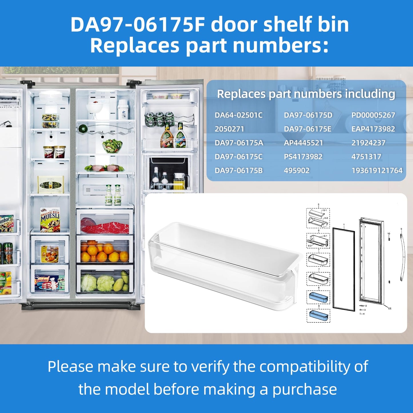 DA97-06175F Refrigerator Door Bin Compatible with Kenmore Samsung Refrigerator Door Shelf RS22HDHPNSR RS22HDHPNBC RS22HDHPNWW RSG257AARS RSG257AAWP RSG257AAPN, Fridge Lower Shelf Guard Replacement
