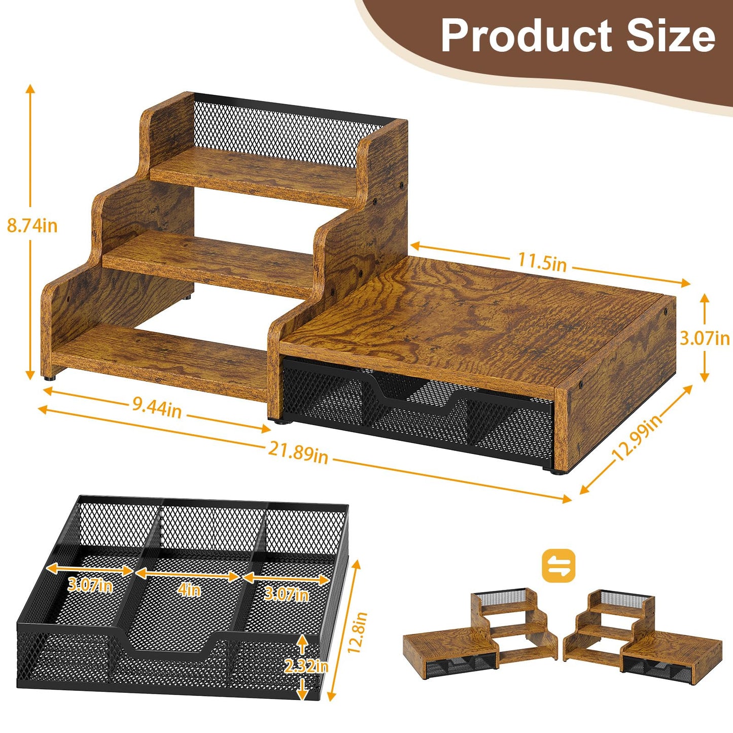 Bliesosfud Coffee Station Organizer with K Cup Holder, 28 Pod Capacity,3-Tier Syrup Rack with Coffee Pod Holder Drawer, Coffee Bar organizer Countertop for Accessories,Rustic Brown