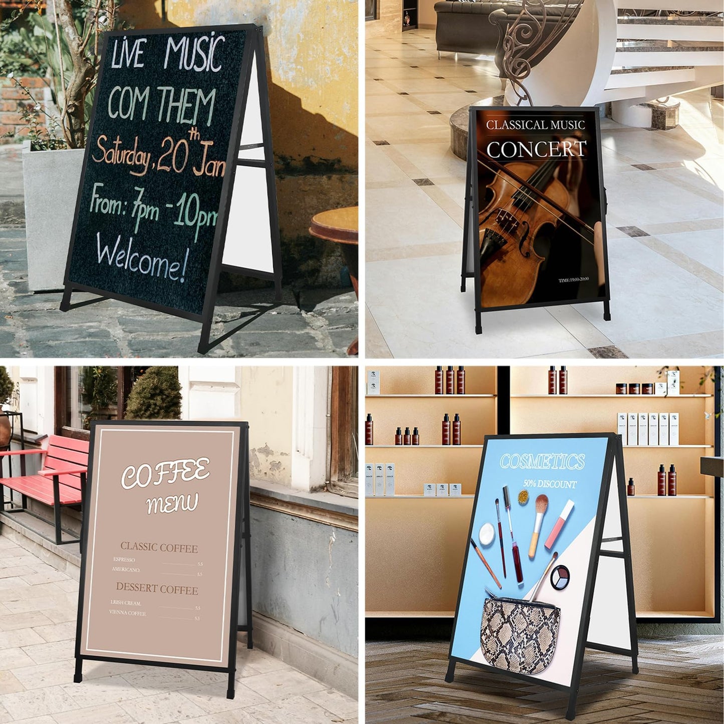 QKA A-Frame Sign Sidewalk Sign 24x36 Inch, Heavy Duty Double-Sided Slide-in Folding Outdoor Sandwich Boards, Suitable for Restaurants, Cafes, Outdoor Events（Frame Only）