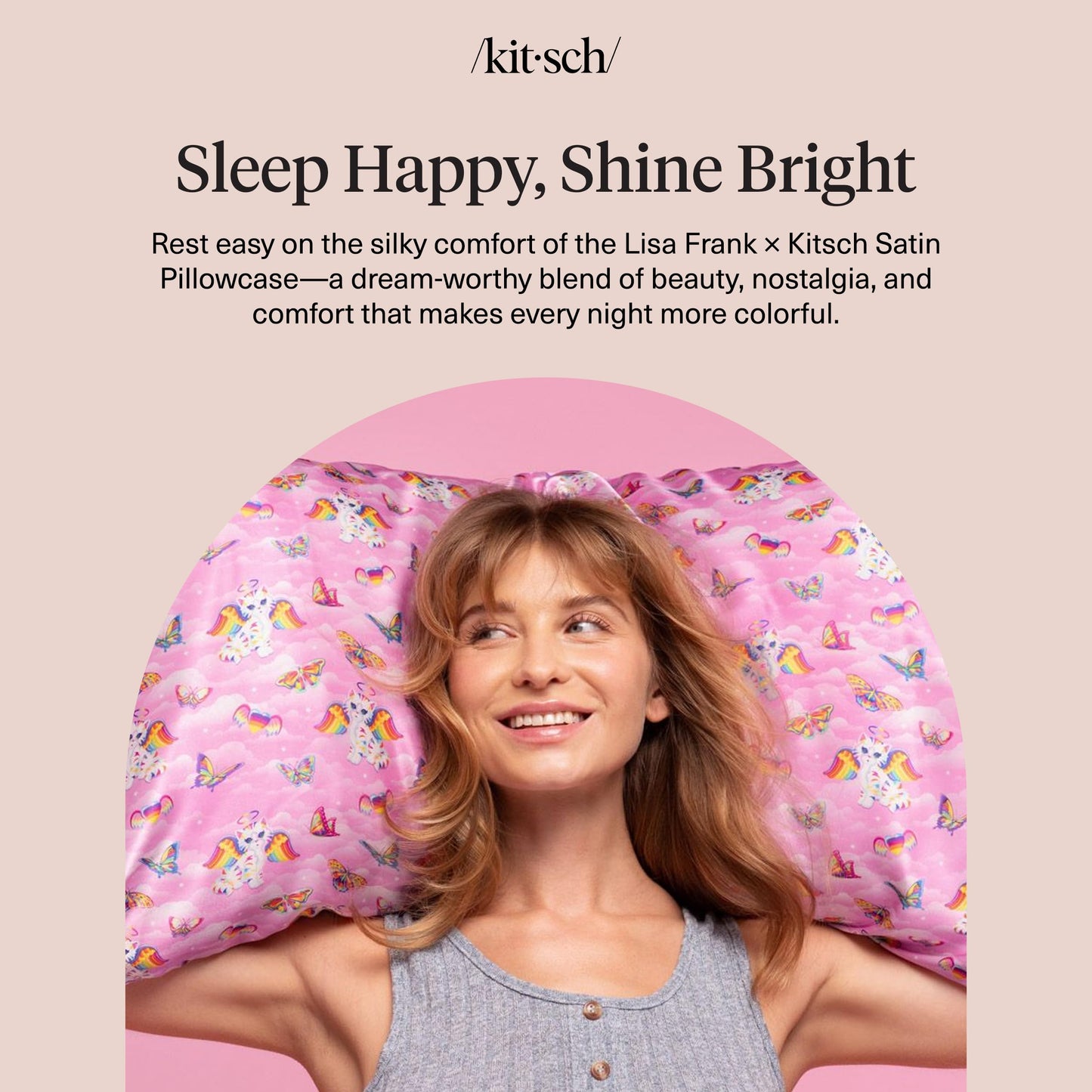 Lisa Frank x Kitsch Satin Pillowcase with Zipper for Hair & Skin - Softer Than Silk Pillow Cases, Smooth Cooling Satin Pillow Case, Wrinkle-Free Pillow Cases Standard Size (19x26) - Angel Kitty