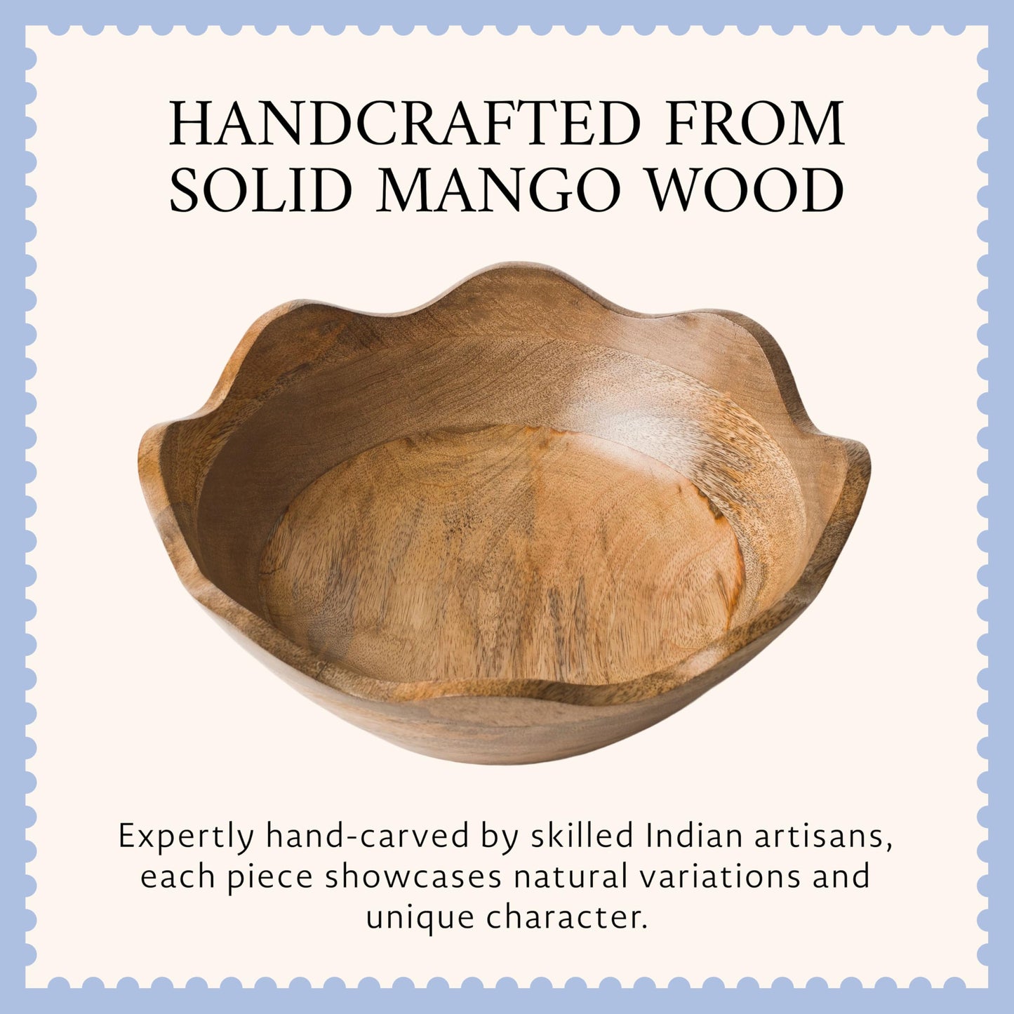 Mela Artisans 12 in Wide x 4 in Tall Scalloped Mango Wood Bowl – Hand-Carved Decorative Serving and Fruit Bowl with Visible Wood Grain for Kitchen Counter, Snacks, Bread and Home Decor