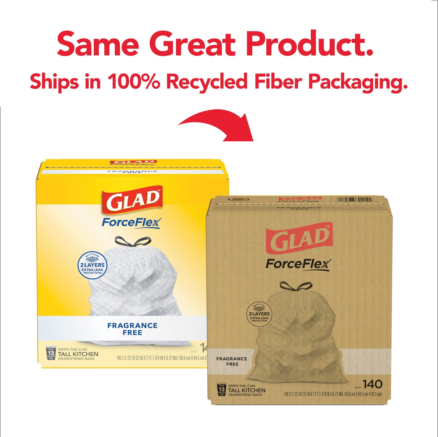 Glad ForceFlex Tall Kitchen Drawstring Trash Bags, 13 Gal, Fragrance Free, 140 Ct (Package May Vary)