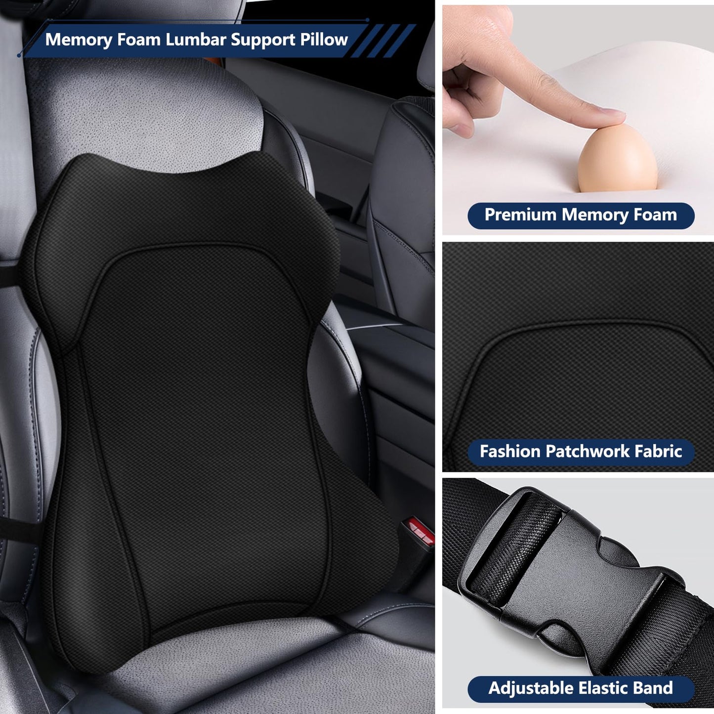 JIPORIER Seat Cushion,Lumbar Support Pillow for Office Chair,Ergonomic Memory Foam Back Support Pillow, High Density Foam Chair Cushion for Sciatica Pain Relief Coccyx Pad for Chair,Car,Desk,Black