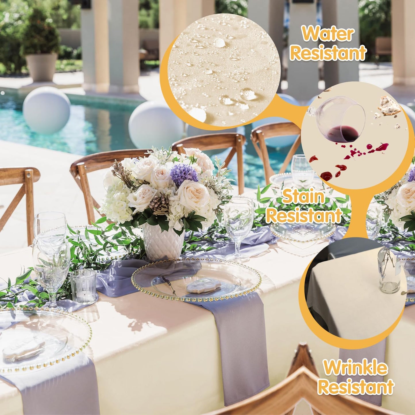 BRILLMAX 6 Pack Beige Tablecloths 60 x 126 Inch for 8ft Rectangle Tables - 150 GSM Polyester Fabric, 15" Standard Drop, Water, Stain & Wrinkle Resistant Cloth Cover for Wedding Banquet Dining Buffet