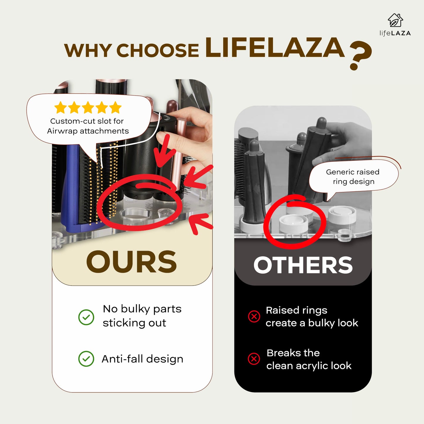 LifeLAZA Acrylic Holder and Organizer Compatible with Airwrap of Dyson and Airwrap Attachments, Airwrap Stand Storage, Countertop Airwrap Styler Rack Compatible with Airwrap Accessories