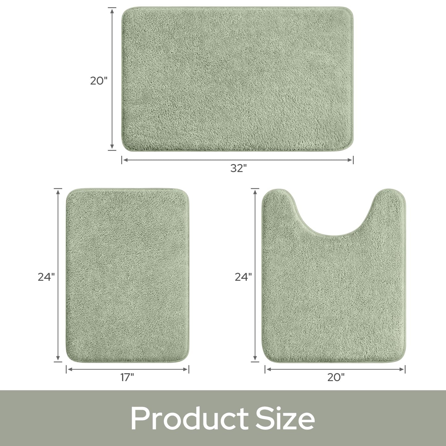 HOMEIDEAS Upgraded Bathroom Rugs Set 3 Piece, Extra Thick Absorbent Soft Memory Foam, Washable Toilet Bath Mat (Sage Green,17"x24"+20"x32"+U Shape 20"x24")