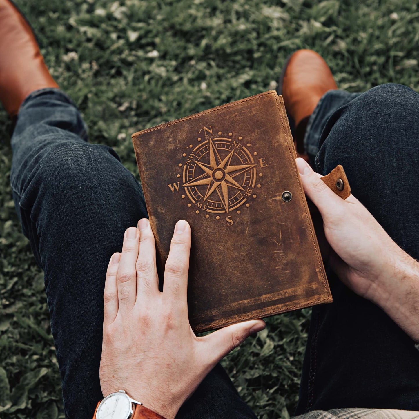 Travel Journal Series by Modest Goods - Refillable Leather Cover and A5 Notebook - Travel Accessories for Men & Women - Great for Traveler Adventure Journal, Vacation Scrapbook, Planner (Compass)