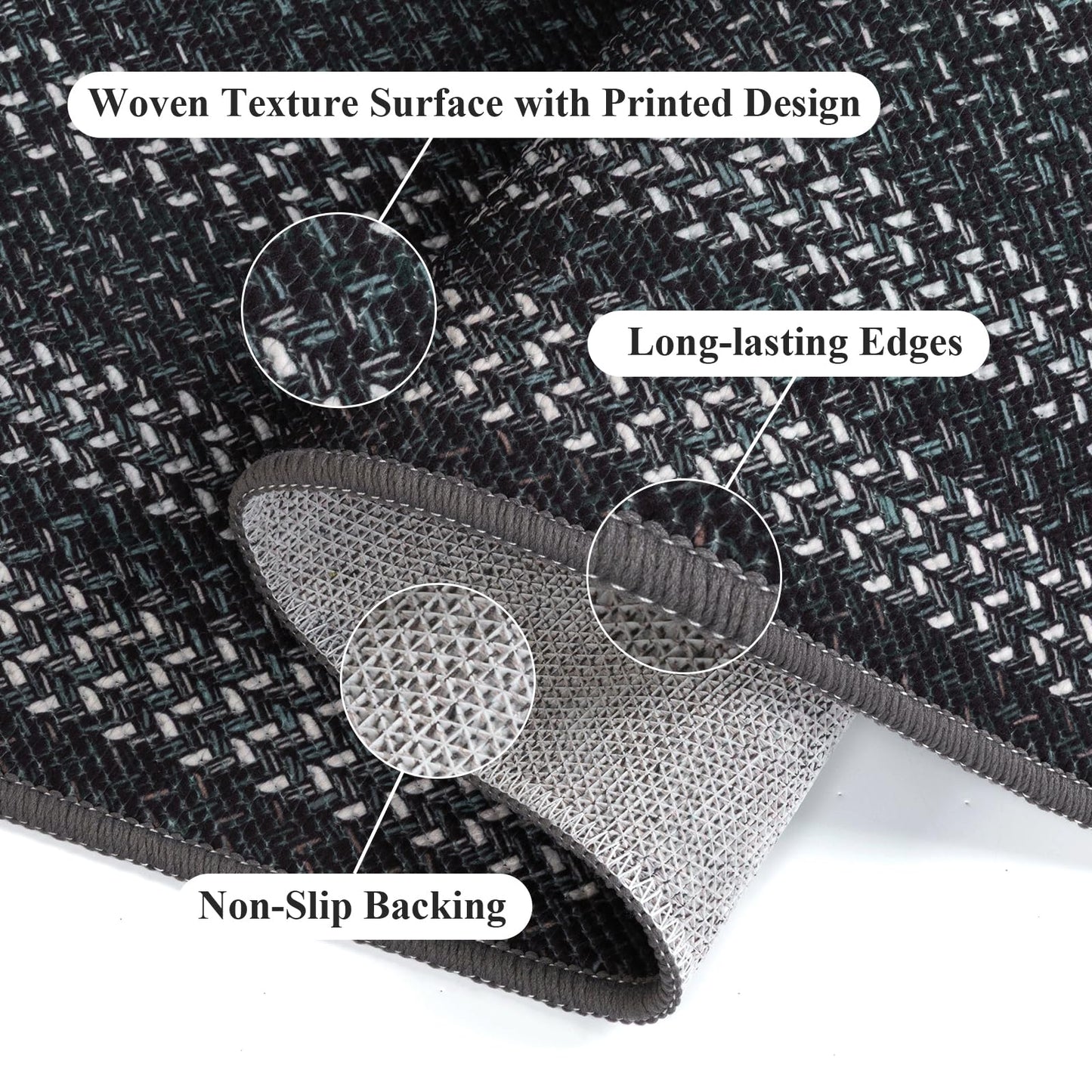 HEBE Washable Kitchen Rugs Sets of 3, Non Slip Absorbent Kitchen Rugs and Mats, Farmhouse Stain Resistant Faux Jute Kitchen Mat Carpet Runner for Kitchen Floor, Laundry Room, Hallway, Black/Grey