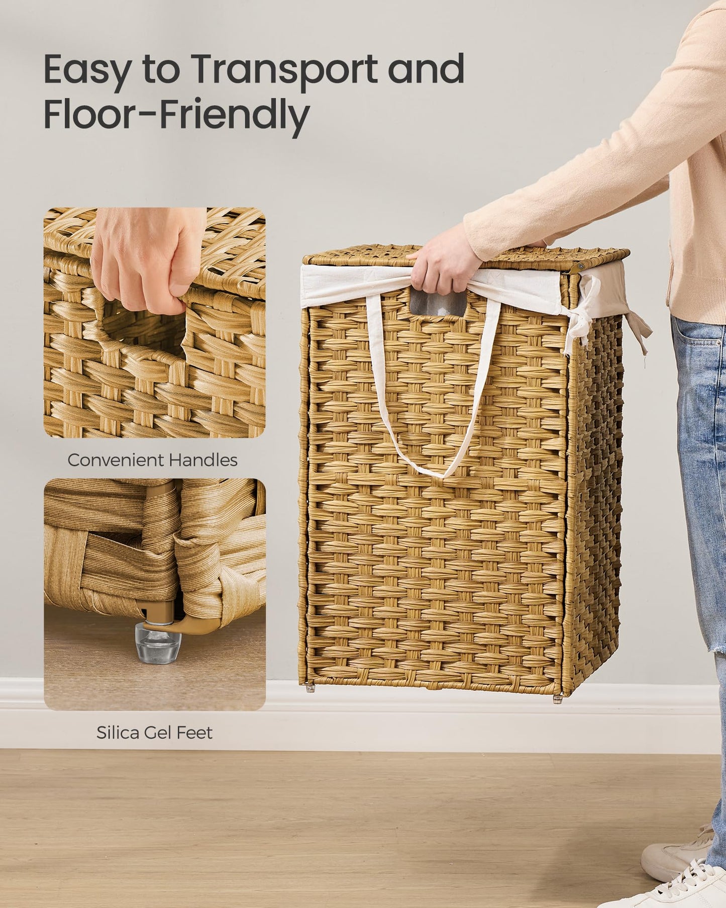 SONGMICS Laundry Hamper with Lid, 42.3 Gallon (160 L) Synthetic Rattan Clothes Laundry Basket with Lid and Handles, Foldable, Removable Liner, Goose Yellow ULCB216Y01