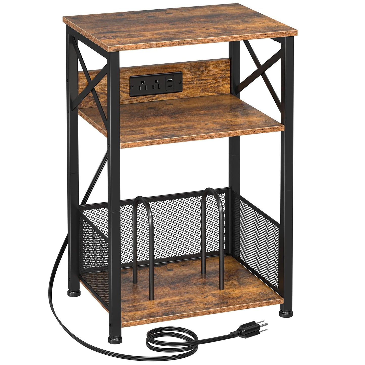 AMHANCIBLE Record Player Stand with Charging Station, Turntable Stand with Storage Cabinet, 3 Tier End Table Hold Up to 100 Albums, Record Table for Vinyl, Living Room, Rustic Brown, HETCD01BR-1