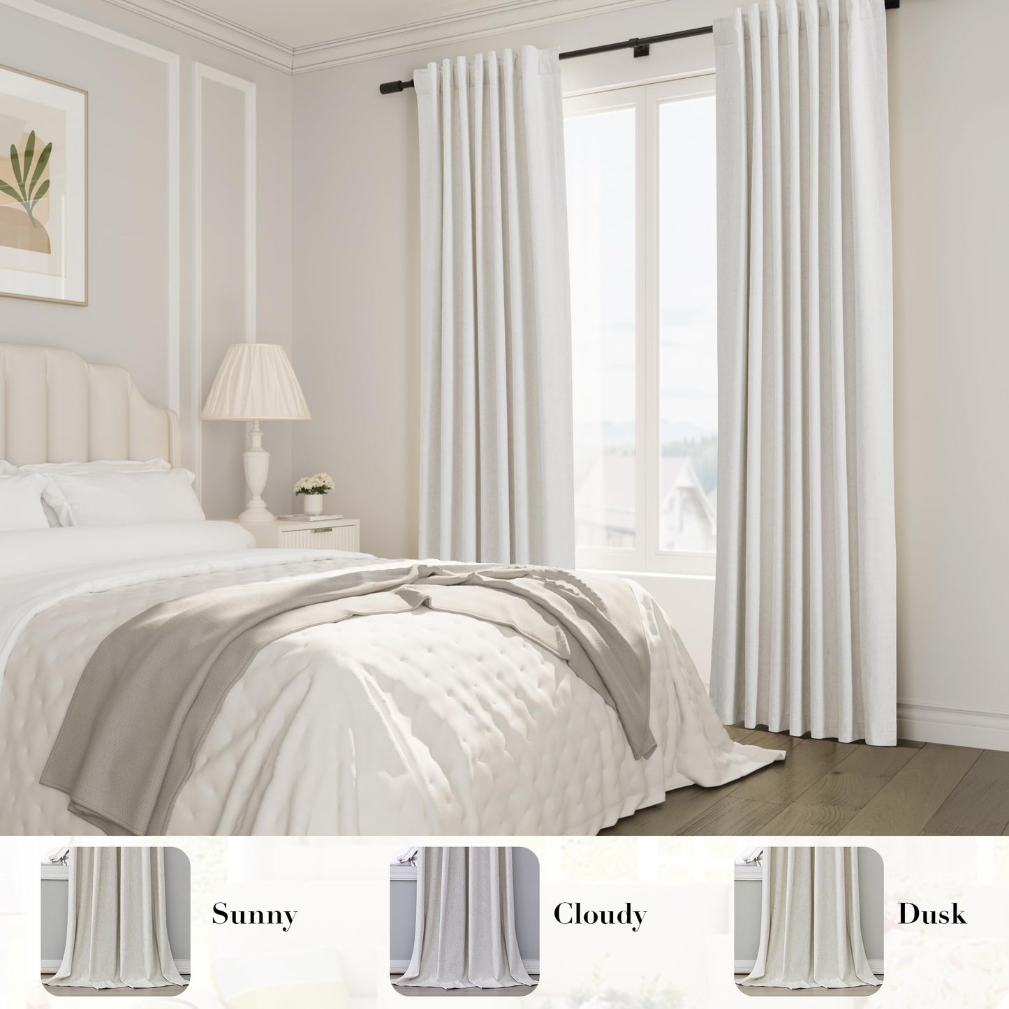 Joywell 100% Blackout Linen Curtains 84 Inch Long for Bedroom Natural Black Out Curtain Back Tab Hook Belt Room Darkening Drapes with Hooks for Living Room Window Cream Ivory 2 Panel,52 x 84