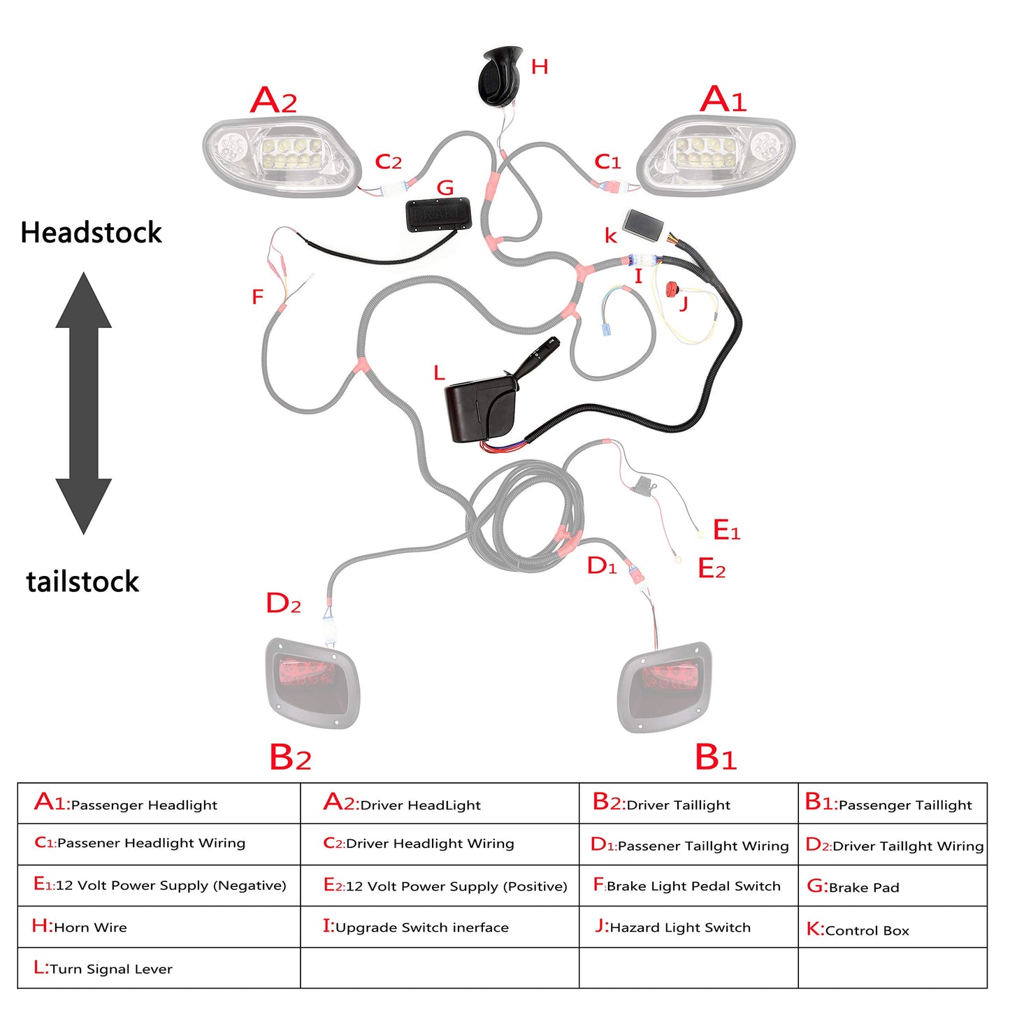 10L0L Golf Cart Turn Signal Kit with Horn Button, Blinker Switch, Brake Light Pad Switch, Only Fits Light Kit with 9-Pin Plug Upgrade Wiring Harness - 12V Operation