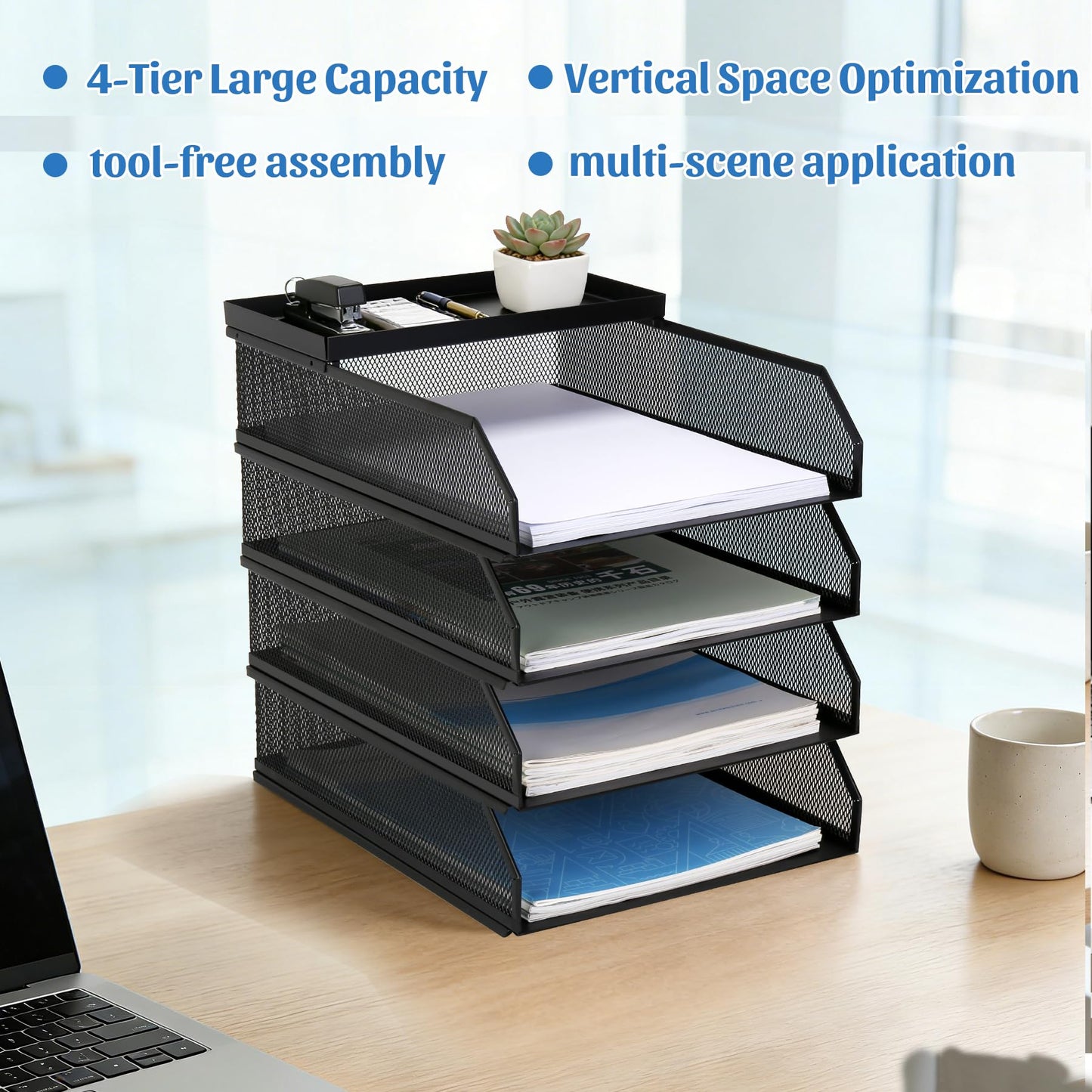 AZFUNN 4 Tier Paper Organizer for Desk, Stackable File Trays, Front-Load Metal Mesh Letter Tray & Stacking Supports Storage Organization for Office Home Classroom (Black)