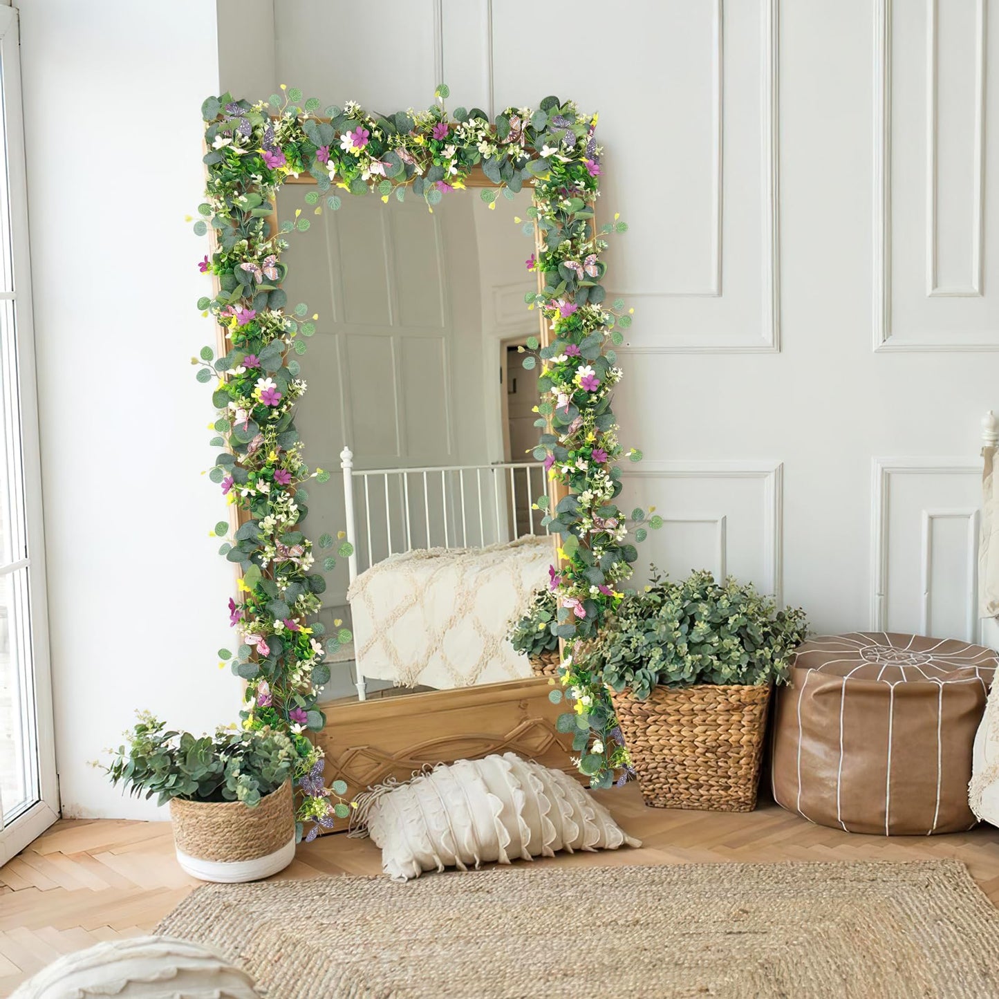 ASTNIC 2 Pack 5.68 FT Artificial Daisy Garland with 3D Butterfly, Hanging Fake Flowers Greenery Eucalyptus Garland Floral Vines for Wedding Table Home Room Spring Summer Decor