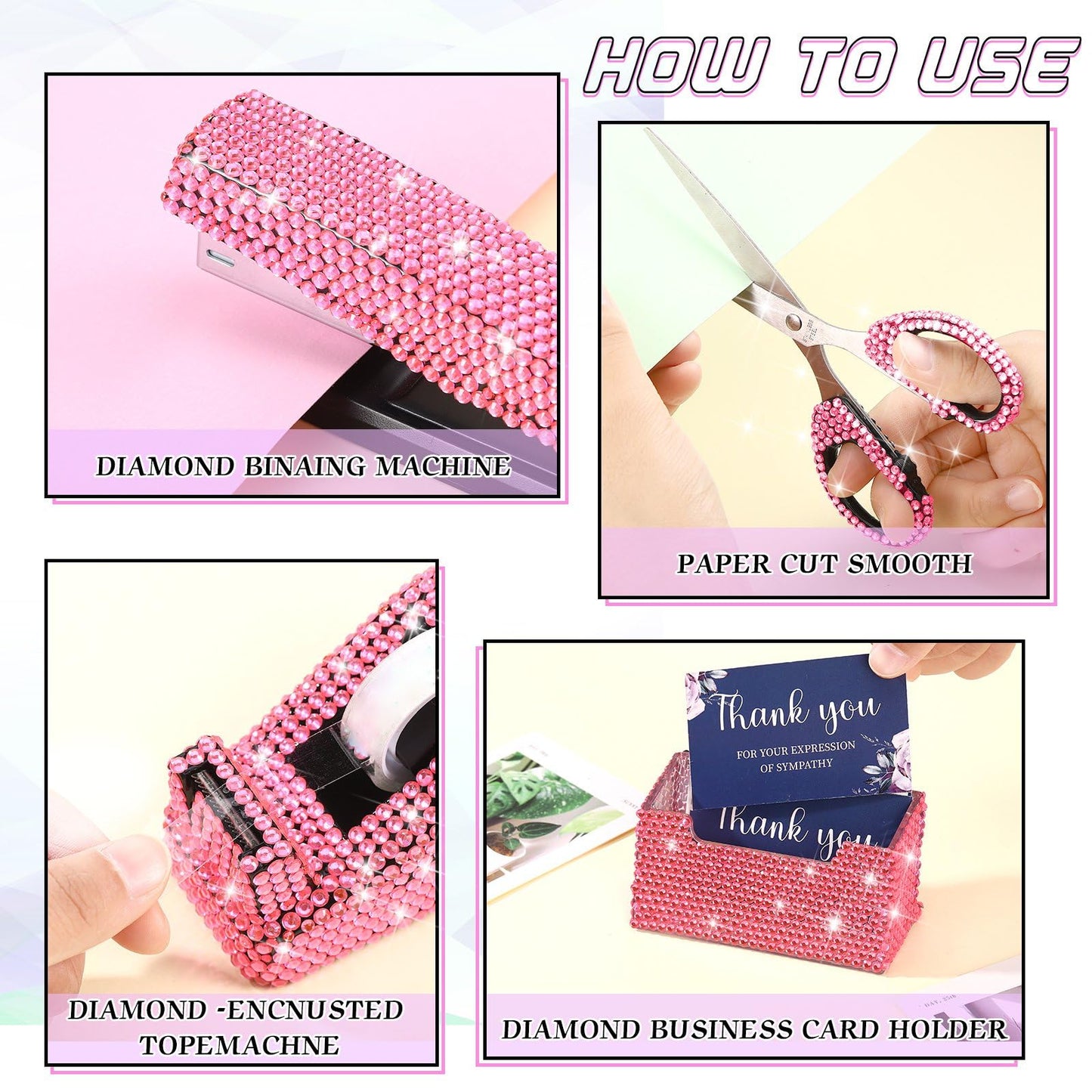 Demissle 6 Pcs Bling Office Desk Accessories Set Crystal School Stationery Kit Scissor Stapler with Staple, Tape Dispenser, Diamond Pen, Staple Remover, Binder Clip, Paper Clip, Push Pins(Pink)