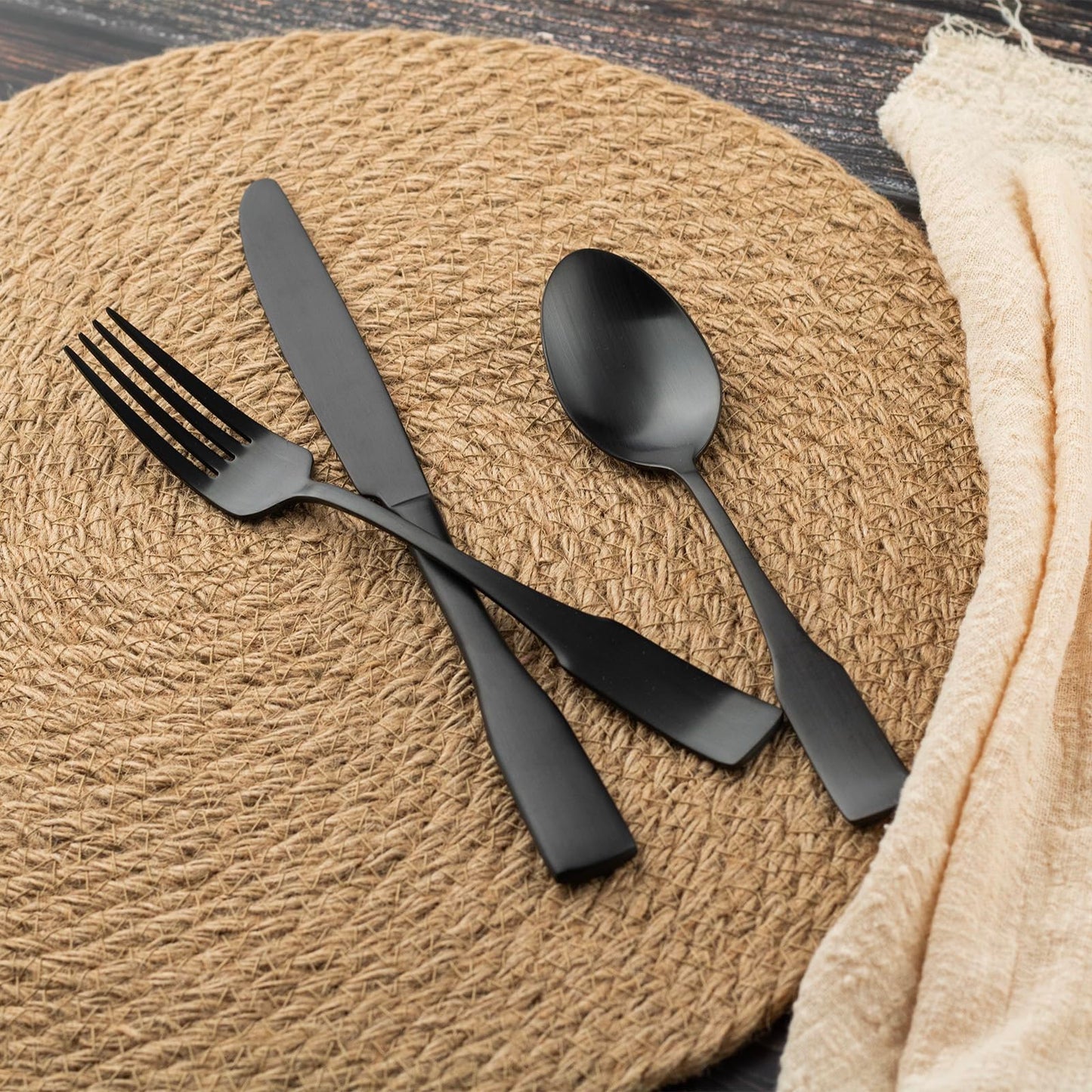 Alata Kate Black Satin 40-Piece Silverware Set, Service for 8, Stainless Steel Flatware Set, Matte Polished Cutlery Set, Dishwasher Safe