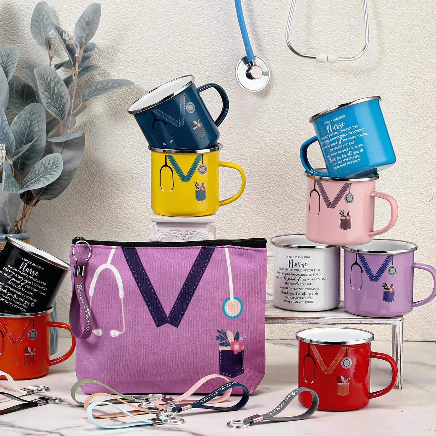 Hushee Nurse Gift CNA Week 2026 Appreciation Gift Include 12 Oz Enamel Mug Stethoscope Sign Designs Makeup Bag Silicone Keychain for Nursing Medical Assistant Thank You Stuffer(30 Pcs,Classic)