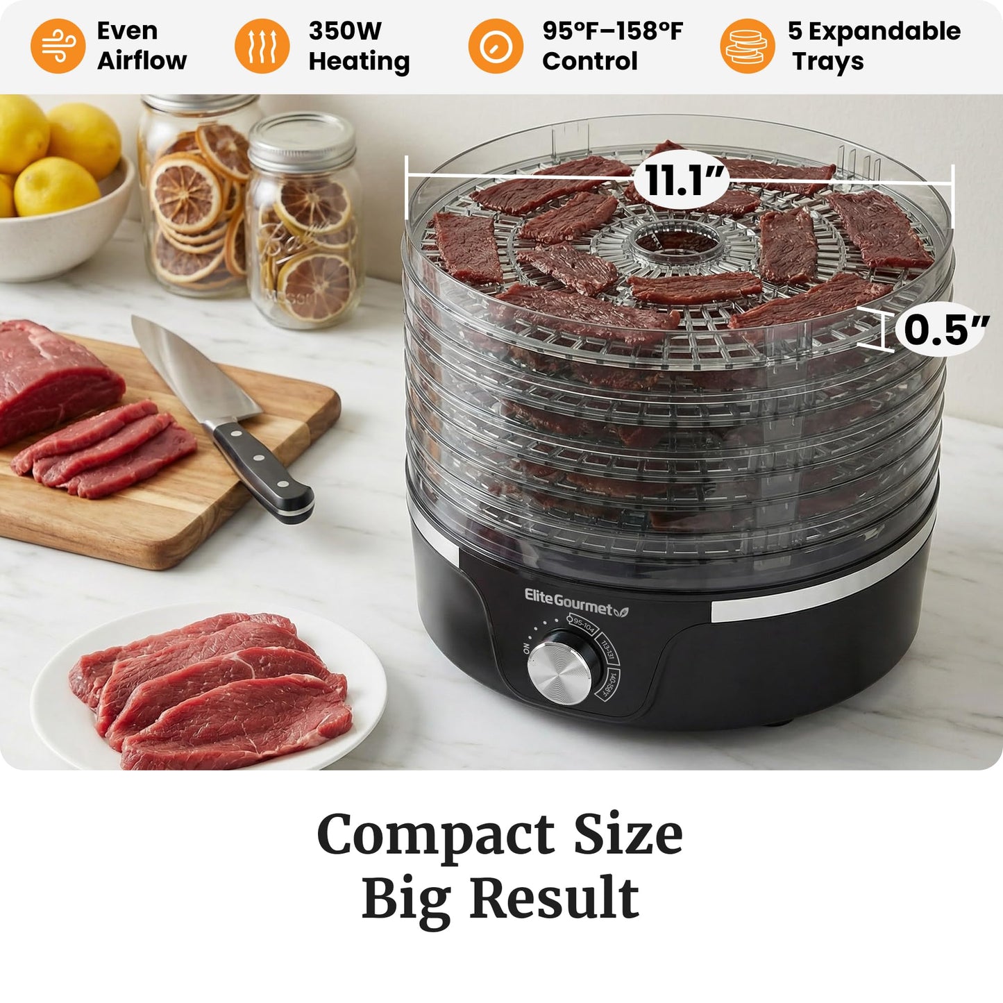 Elite Gourmet EFD319 Food Dehydrator, 5 BPA-Free 11.4" Trays Adjustable Temperature Controls, Jerky, Herbs, Fruit, Veggies, Dried Snacks, Black