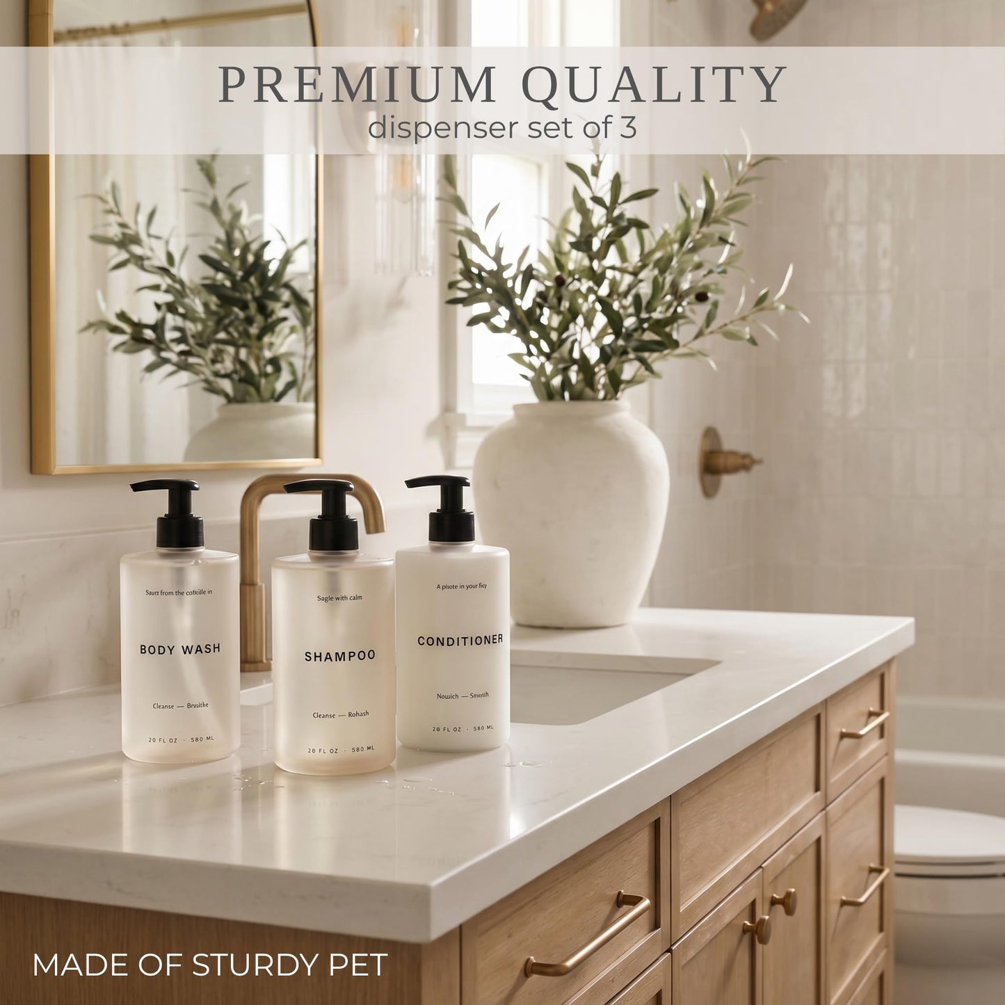 Stylish Shampoo and Conditioner Dispenser Set of 3 - Modern 20oz Shower Soap Bottles with Pump and Labels - Easy to Refill Body Wash Dispensers for an Instant Bathroom Decor Upgrade