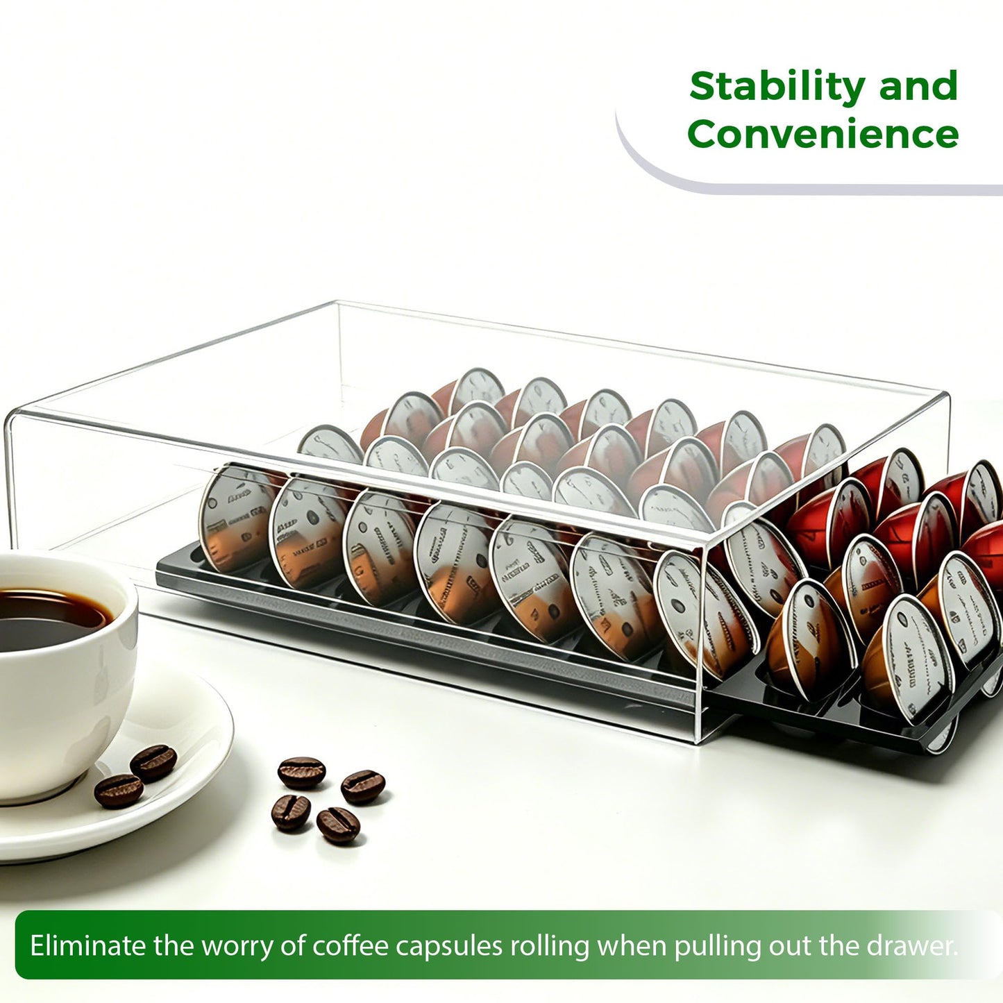 Lovemolly Acrylic Capsule Drawer for Nespresso Vertuo, 40 Pod Coffee Organizer with Thickened Shelf Hold Up to 22 lbs, Countertop Storage Fits Under Coffee Maker, 15"L x 10.7"W x 2.9"H