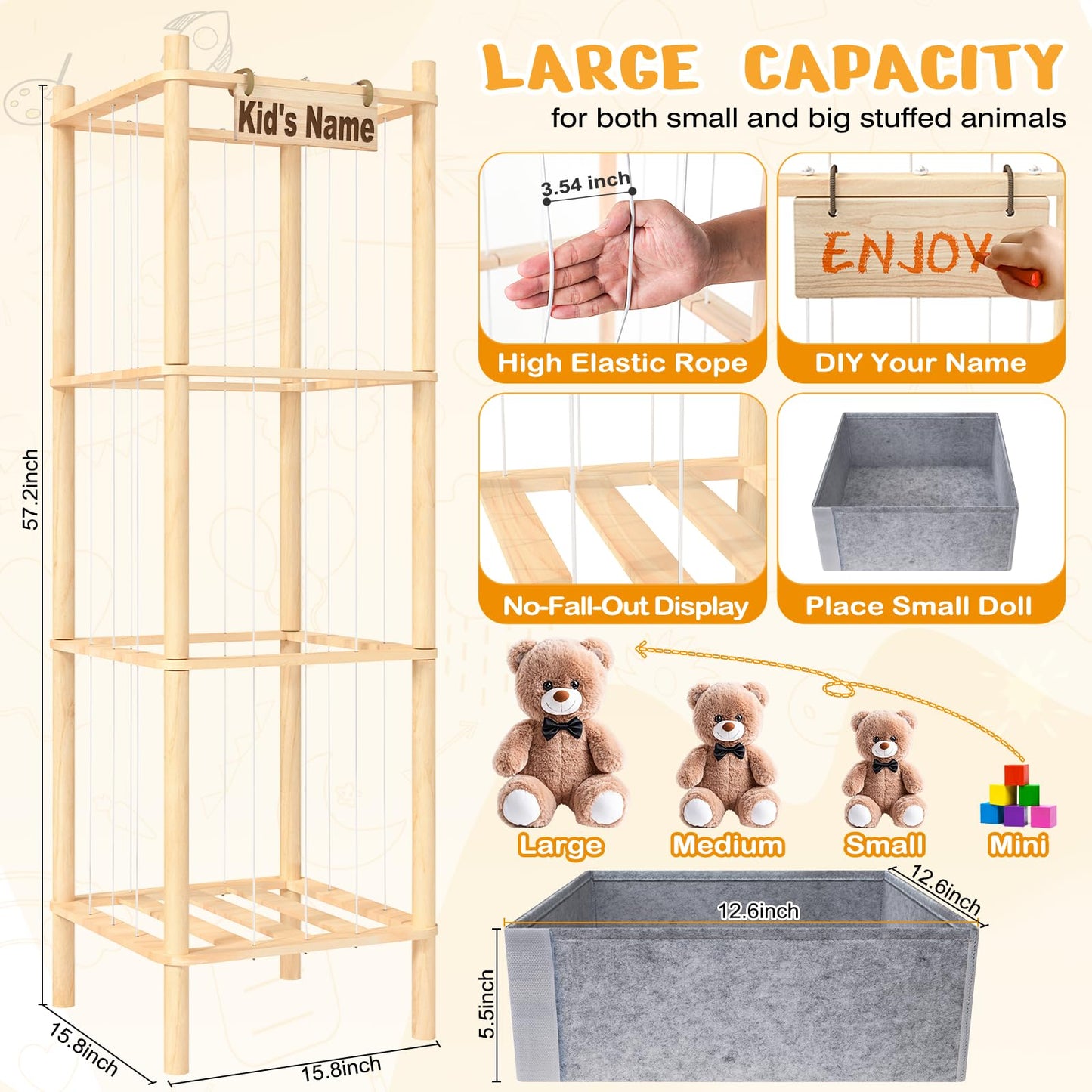 WORLDMX Stuffed Animal Storage with Toys Tray, 57In Large Wooden Stuffy Plushies Storage Holder Extra Large Capacity Stuffed Animals Zoo Organizer for Toddler Rooms, Playrooms & Bedrooms