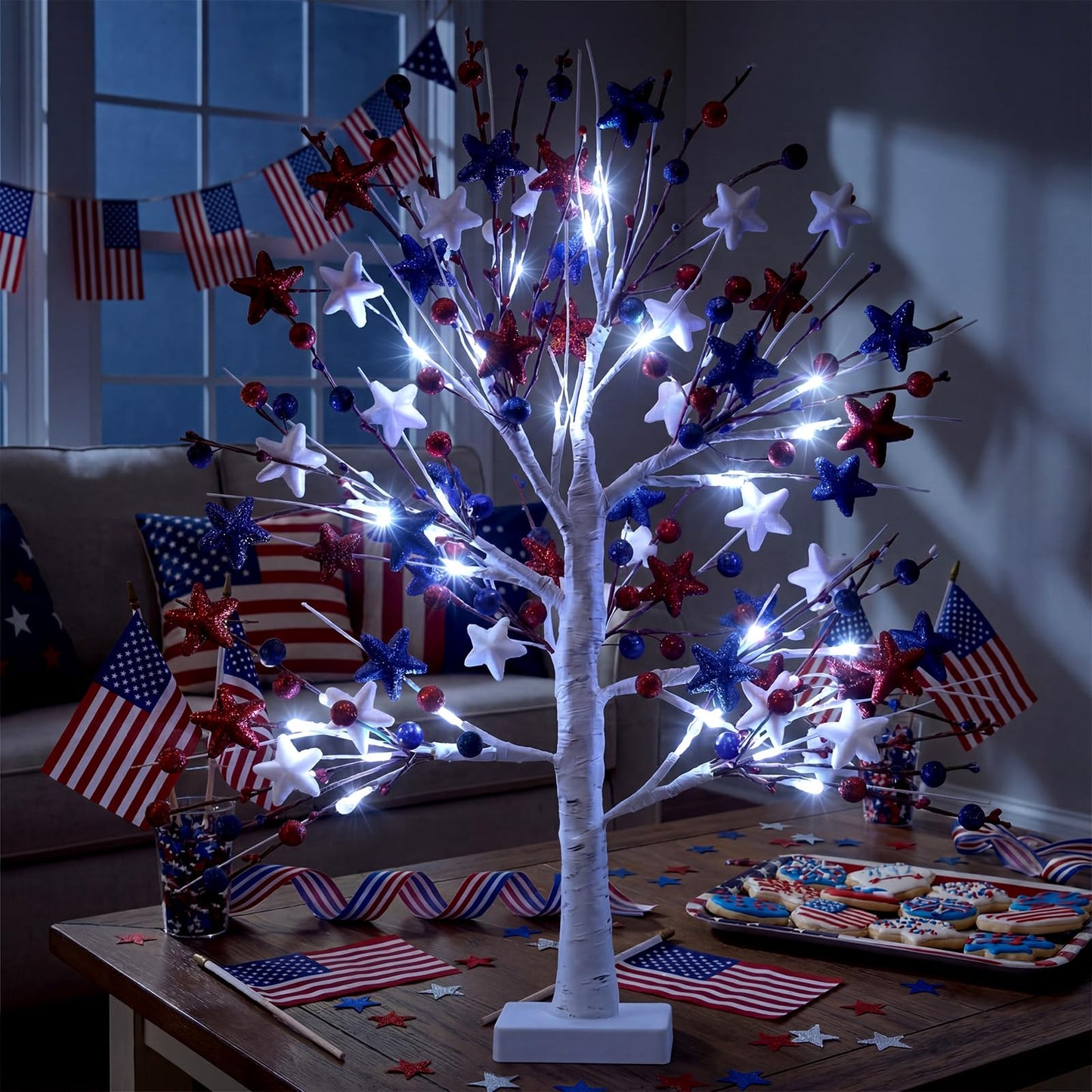 Baquler 2 Pcs 4th of July Decoration Lighted Patriotic Birch Trees with Red White Blue Star LED Battery Operated Artificial Tabletop Tree 24 Inch Memory Day Centerpieces for Home Indoor Table