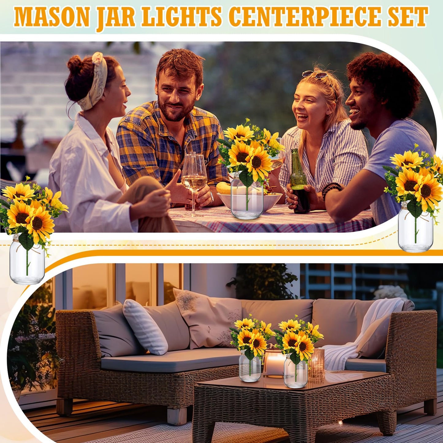 XunYee 10 Set Mason Jar Table Centerpiece with Flower Mason Jar Flower Centerpiece Vases Decor for Engagement Party Bridal Shower Wedding Reception Table Decor(Orange,Sunflower)