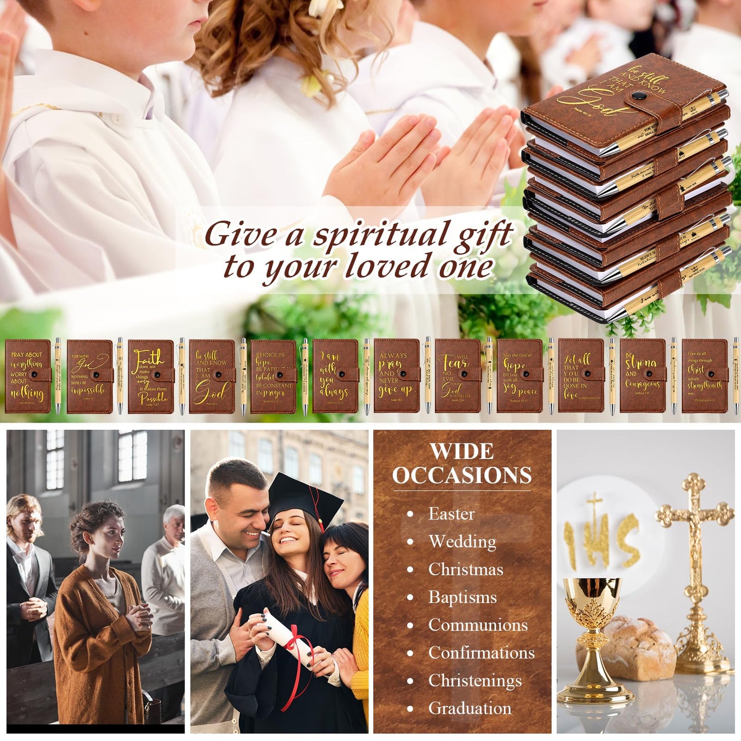Spakon 24 Sets Christian Father's Day Bulk Gift Prayer Journal Leather Bible Study Notebook Verse Ballpoint Pen Religious Scripture Notepad for Graduates Church Clergy Gift Sunday School