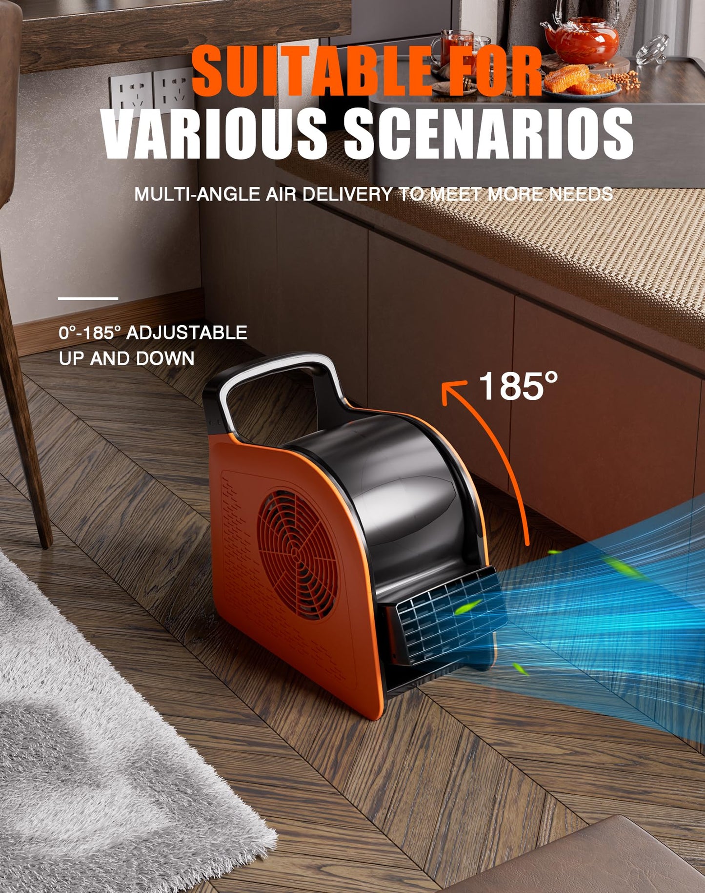 Blower Fan for Drying Cooling and Ventilating, Air Mover for Home Garage Workshop and Job Site Use, Air Mover Blower Fan with 185° Rotation, 3 Speeds, 2 AC Outlets, Orange