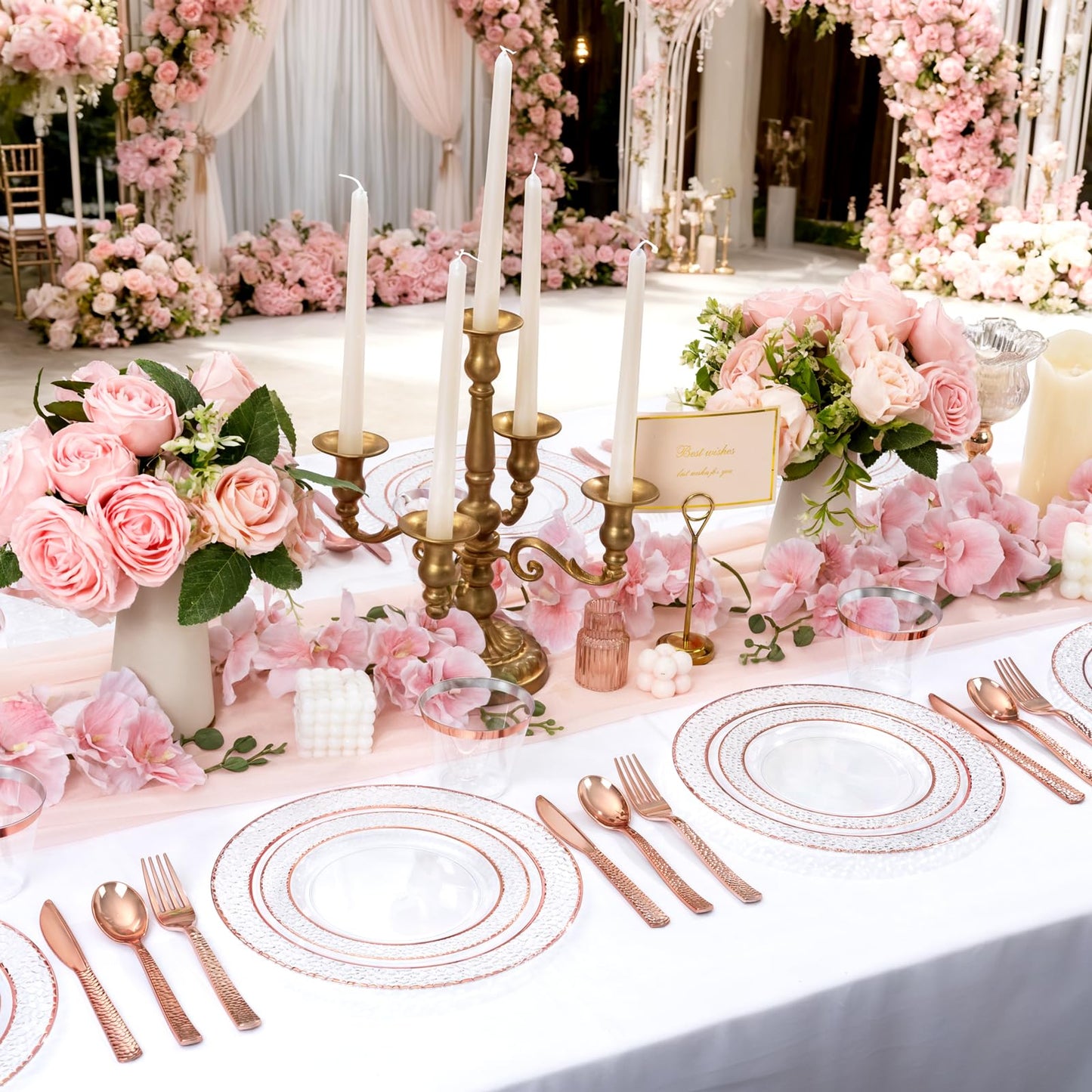 Ciaell 150PCS Rose Gold Plastic Plates – Disposable Plates with Rose Gold Plastic Silverware include 50Plates, 25Forks, 25Knives, 25Spoons, 25Cups for Wedding & Party