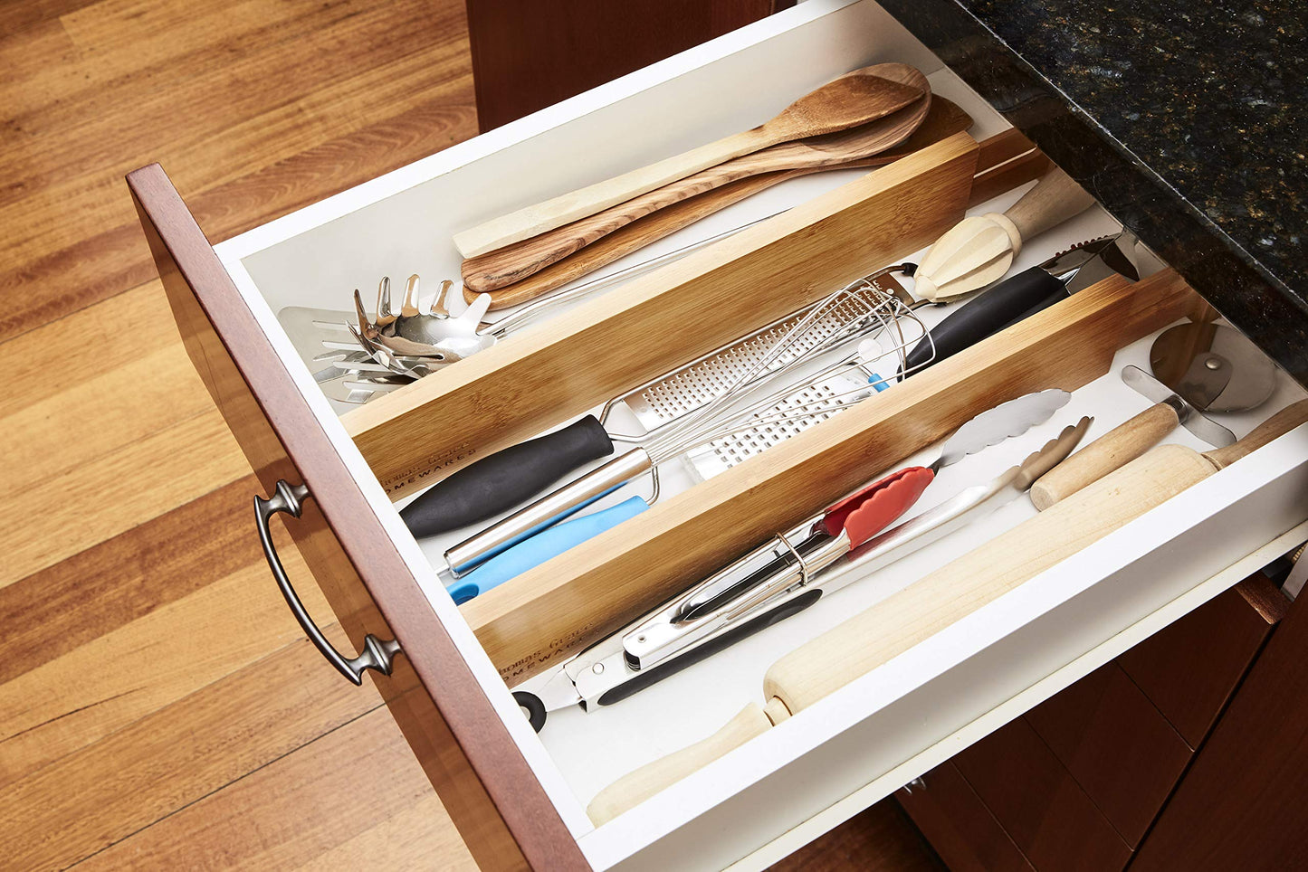 Thomas Grace Homewares Bamboo Kitchen Drawer Organizer Divider Stackable for Deep Drawers. (Set-of- 4) Spring Loaded Dividers that are Expandable & Adjustable. Kitchen Organizer.