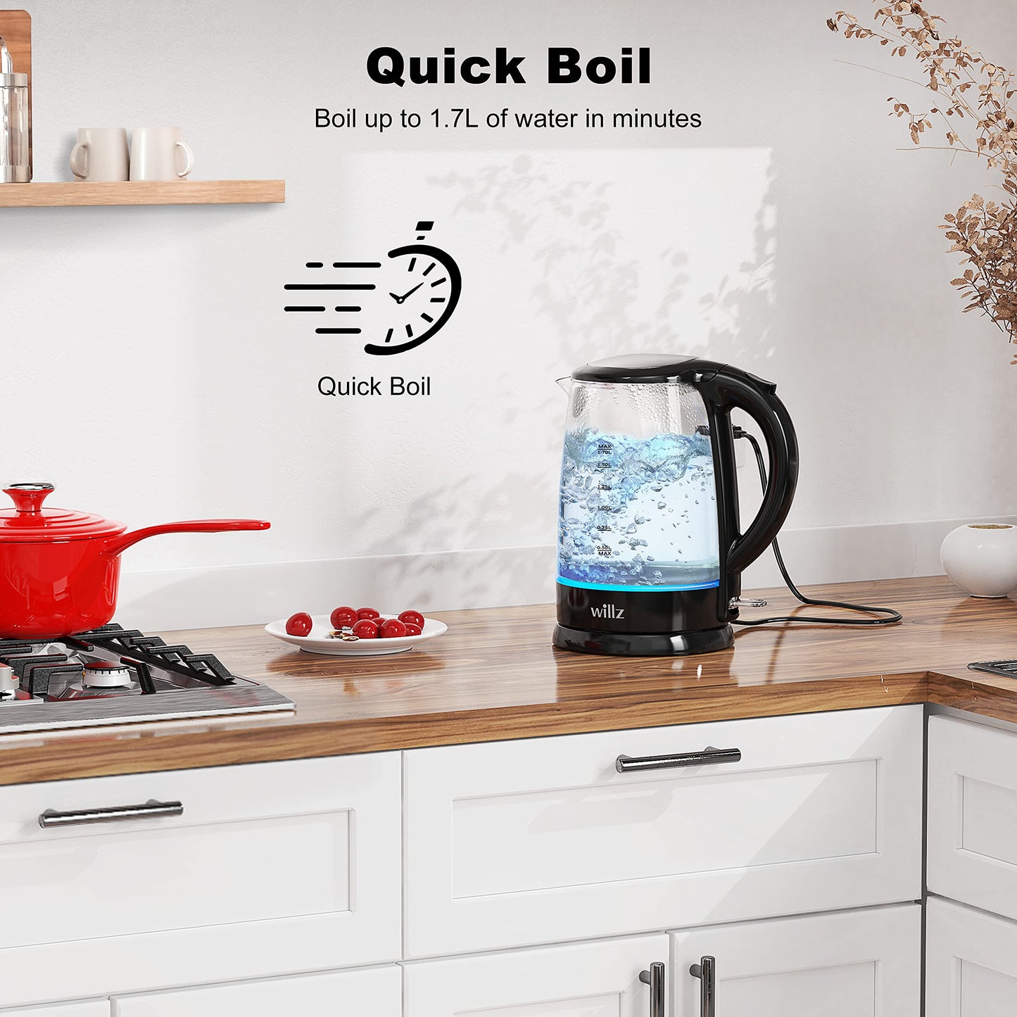 Willz Electric Glass Kettle with Heat Resistant Handle and Cordless Pour, Quick Boil & Auto Shut-Off Technology, Blue Boil Light, 1.7L, 1500 W, Black