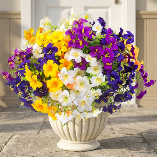 32 Pcs Faux Petunias Artificial Flowers For Outdoors, UV Resistant Fake Petunias Plants Realistic Silk Flowers for Porch Front Door Garden Window Outside Decor (32, White,Yellow,Purple,RedViolet)