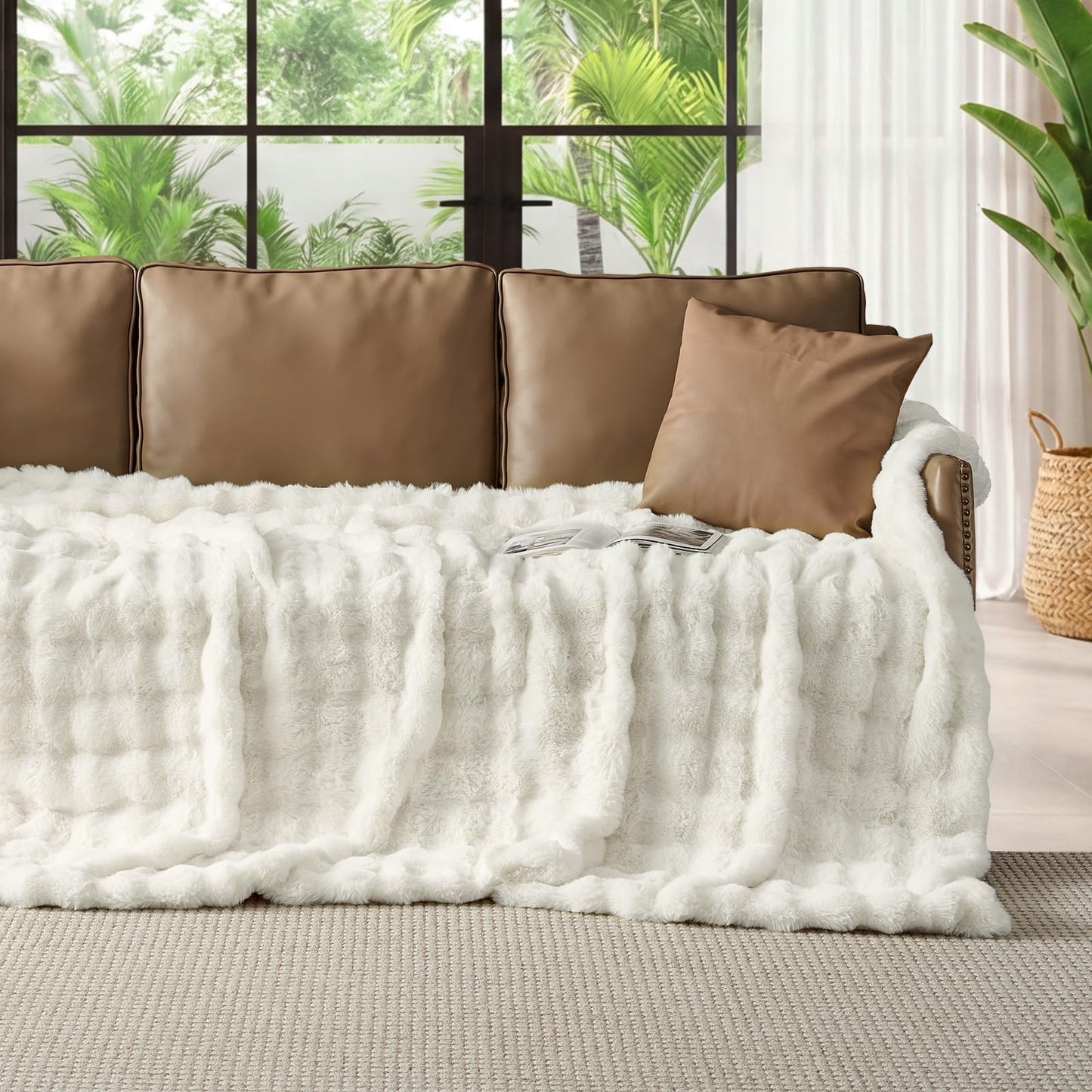 Lotus Karen Queen Size Faux Fur Blanket - Cream White Big Bubble Rabbit Fluff, 90x90 Inches